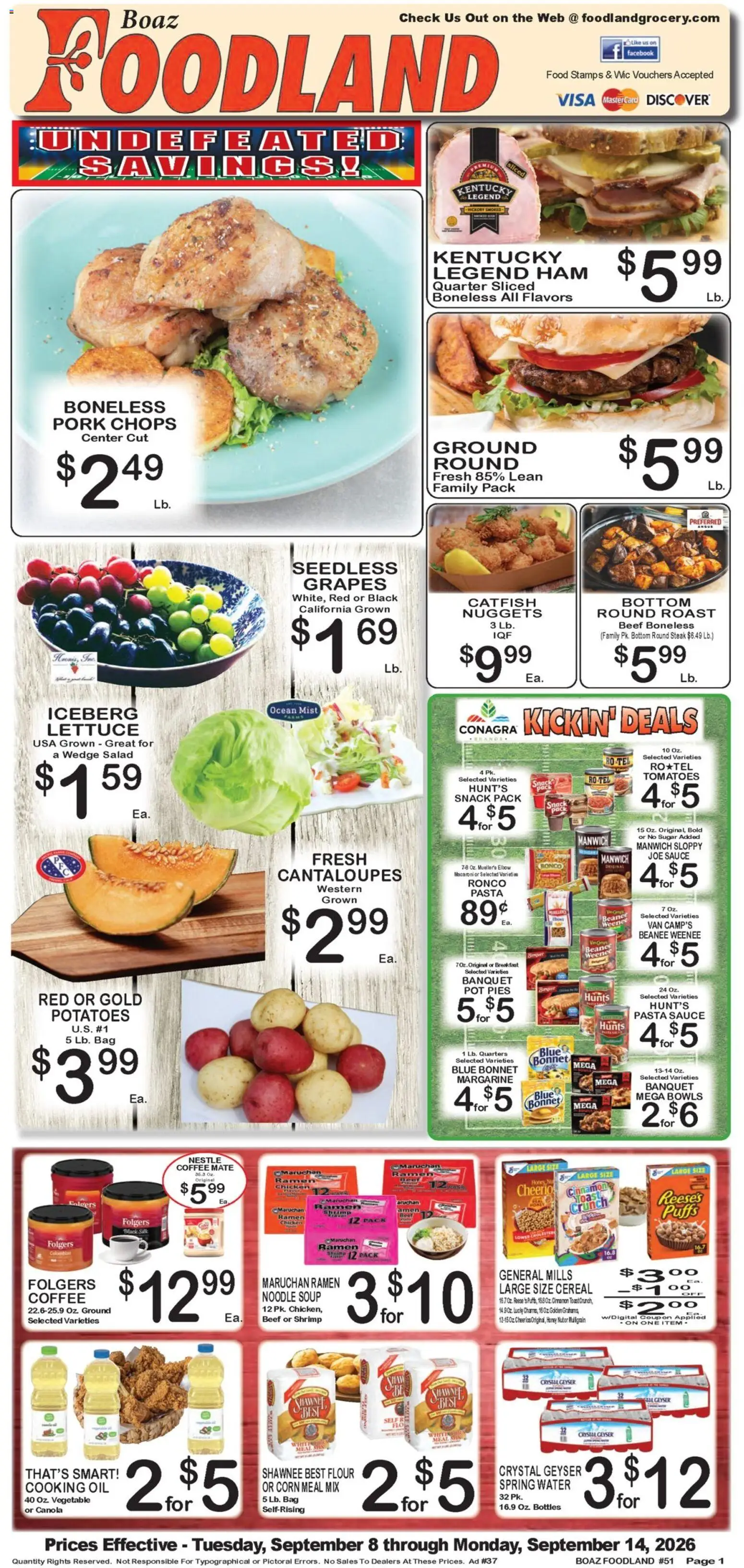 Ad Preview of Foodland Foodland Weekly Ad from 09/08/2026 - Steak, Cereal, Cantaloupes, Sugar, Grapes, Lettuce, Beef, Seedless grapes