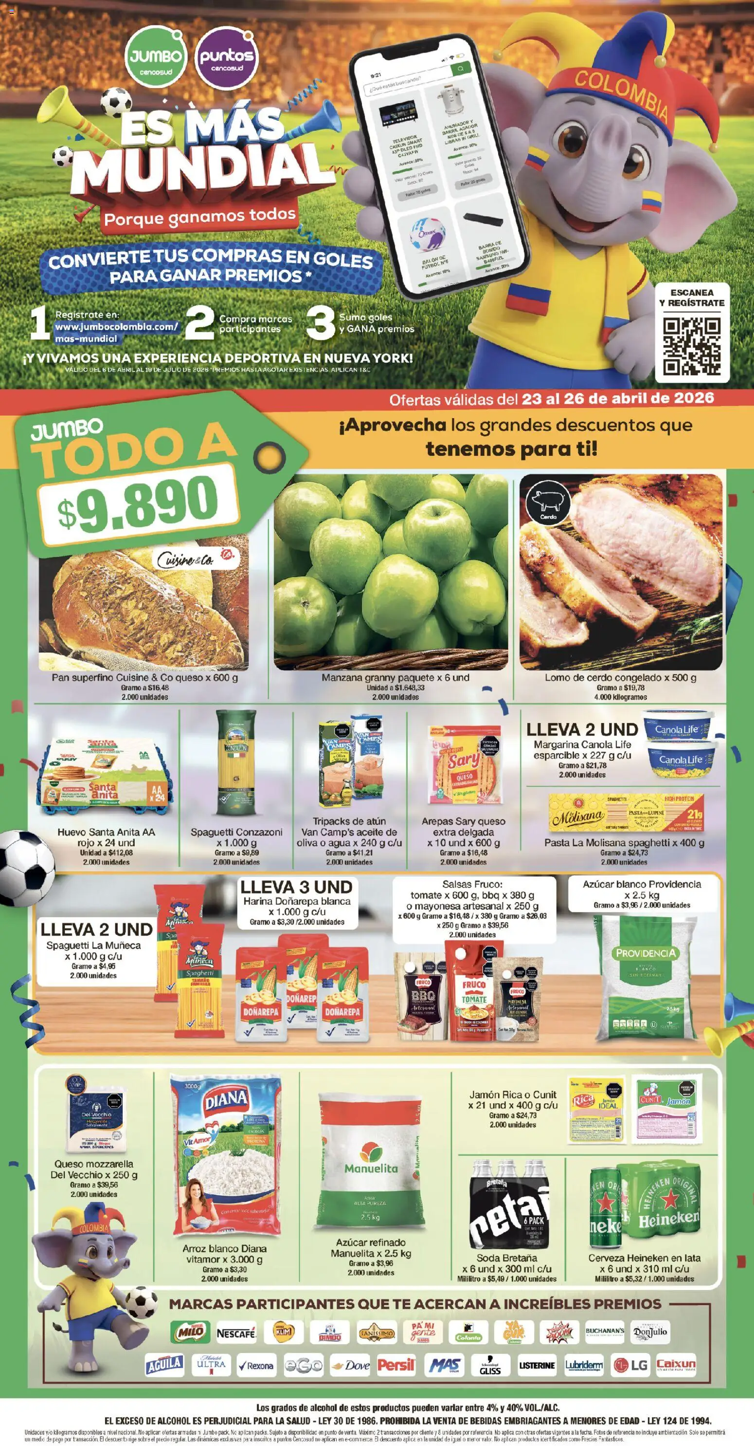 Vista previa del prospecto Jumbo catálogo - es mas mundial del almacen Jumbo válida del 23/04/2026 al 26/04/2026 - Agua, Tomate, Atún, Lomo de cerdo, Harina, Soda, Jamón, Mayonesa