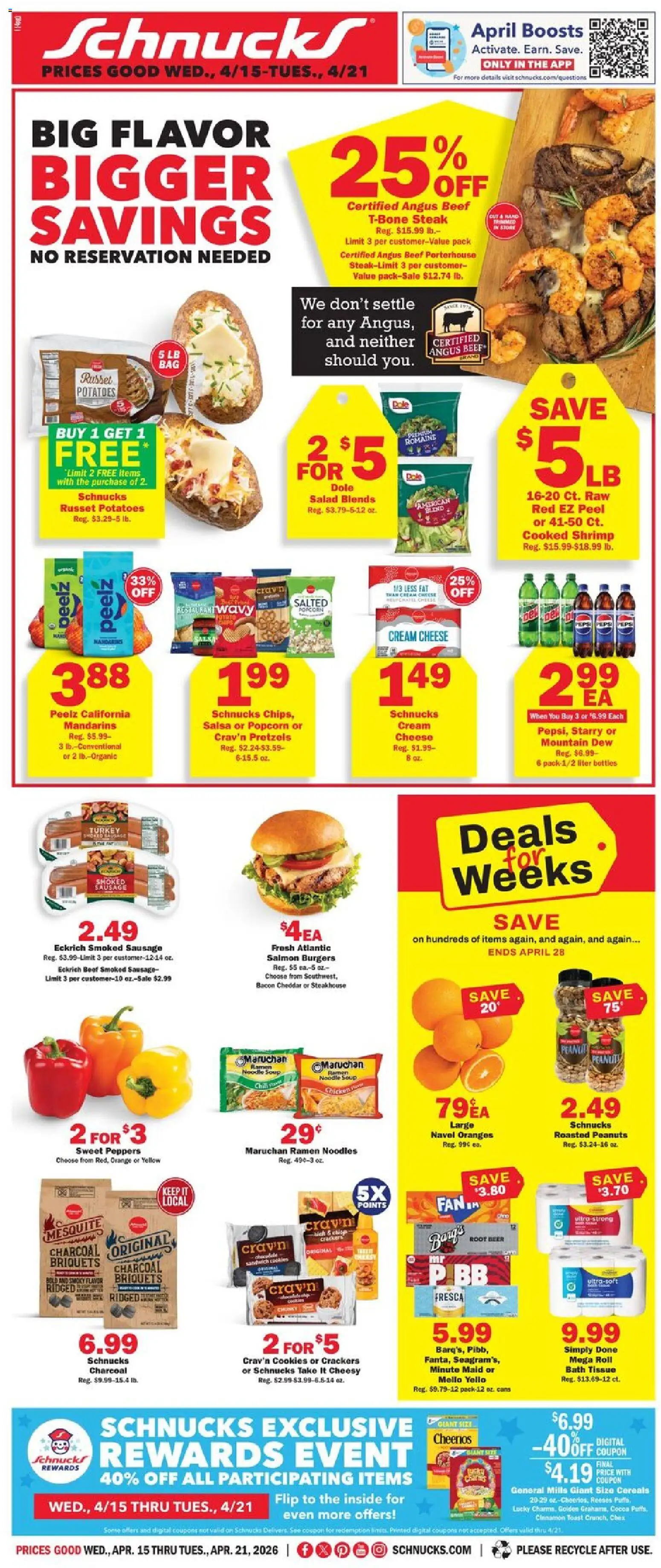 Ad Preview of Schnucks Schnucks Weekly Print Ad - IL from 04/15/2026 - Cookies, Beer, Salad, Noodles, Popcorn, Shrimp, Bacon, Beef