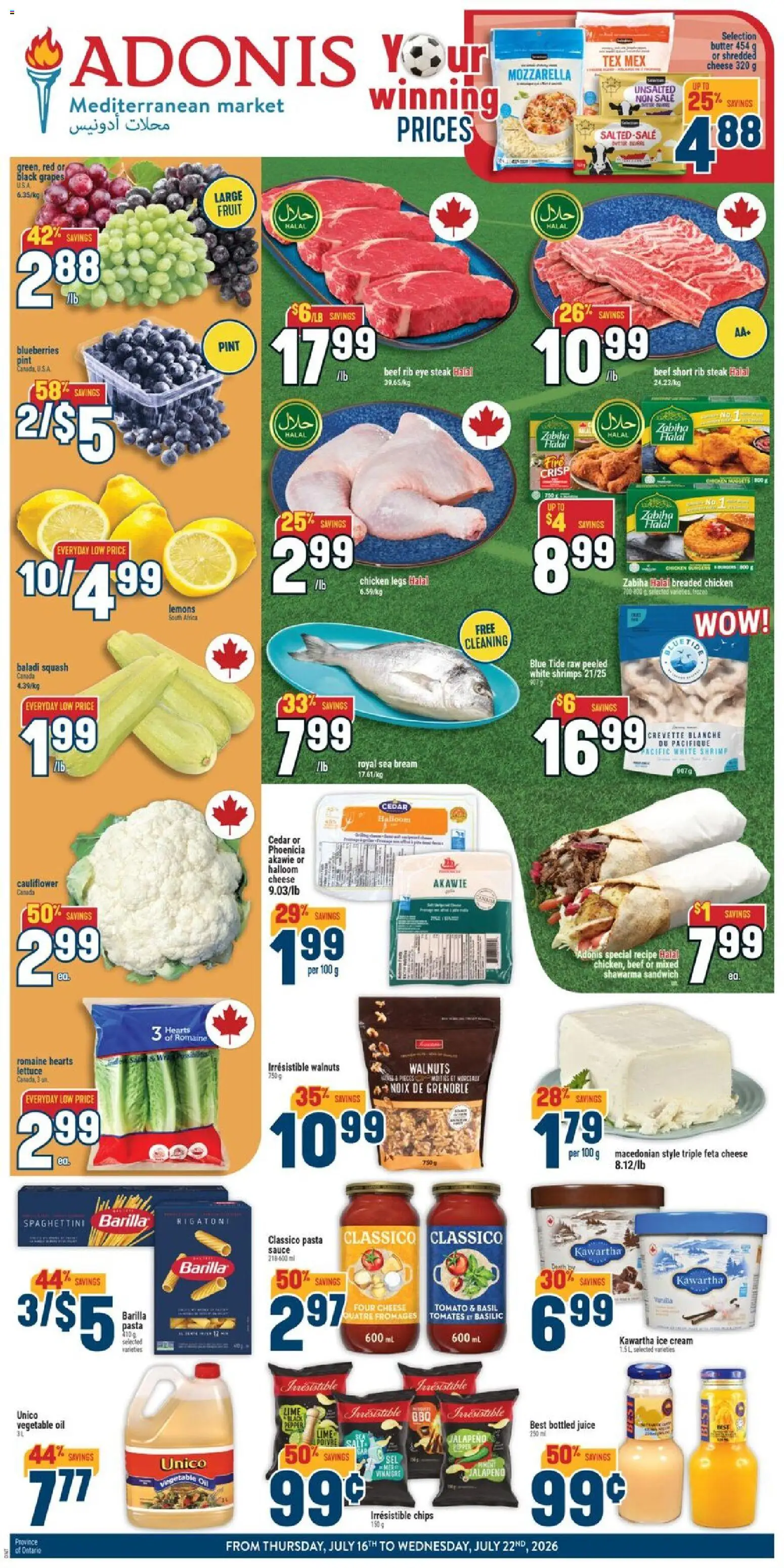Preview of leaflet Adonis weekly flyer from shop Adonis is valid from Jul 16, 2026 - Fruit, Cheese, Chips, Shrimp, Cream, Grapes, Vegetable oil, Barilla