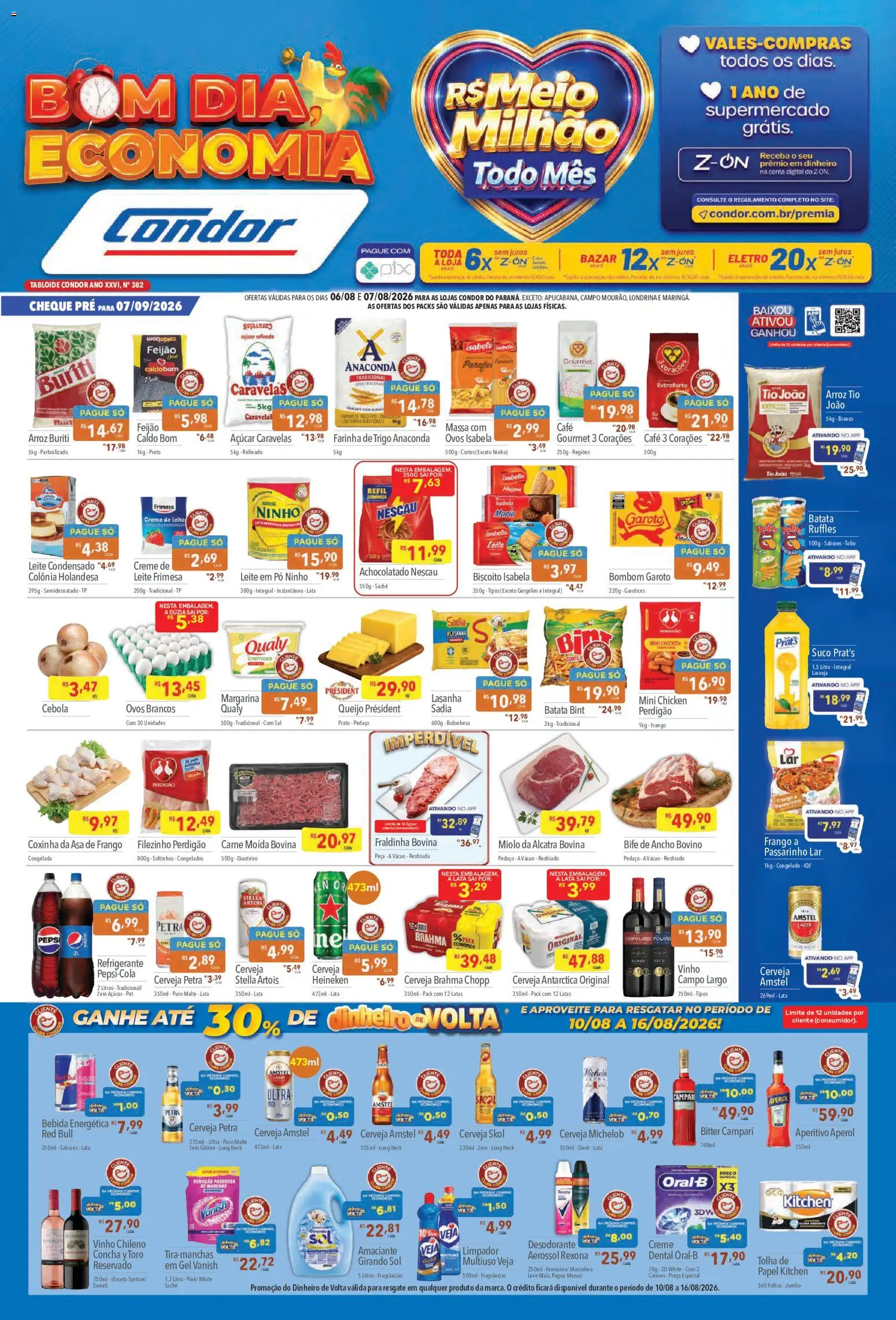 Pré-Visualização do folheto "Supermercados Condor ofertas Bom Dia Economia" da loja Supermercados Condor válido a partir de 06/08/2026 - Campari, Aperol, Bebida, Batata, Suco, Vanish, Carne moída, Girando sol