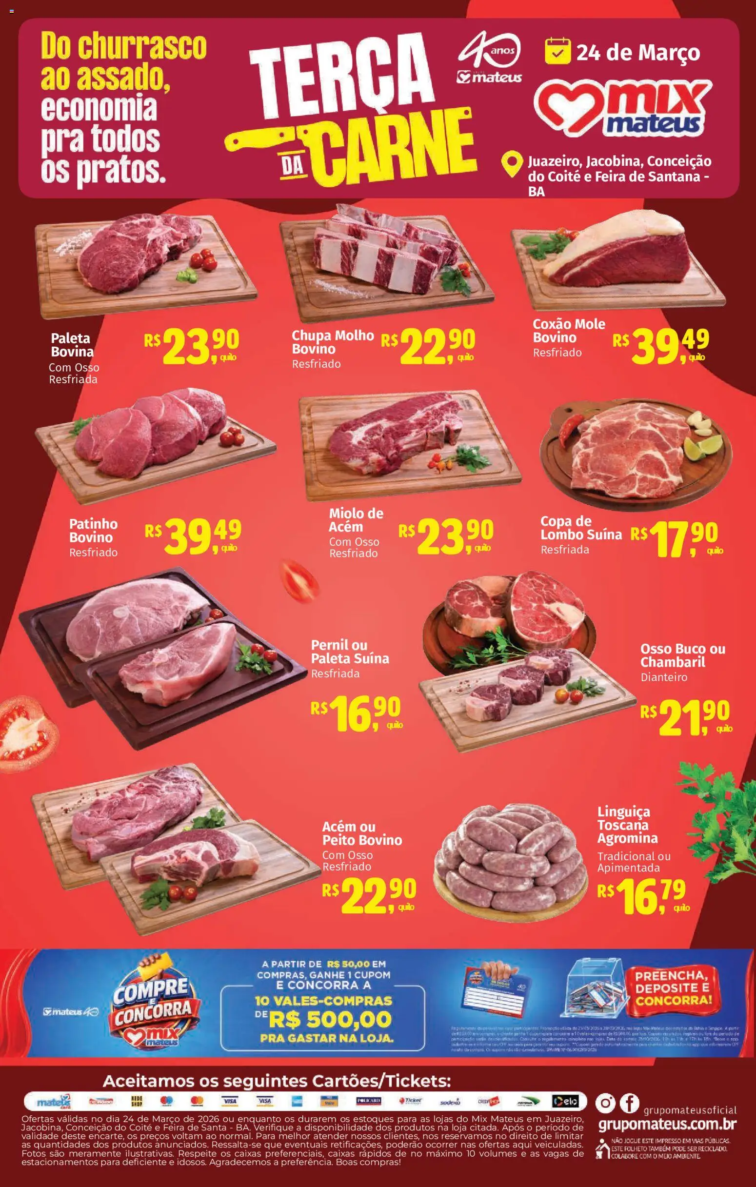 Pré-Visualização do folheto "Mateus ofertas Terça da Carne" da loja Mateus válido a partir de 24/03/2026 - Copa, Carne, Linguiça, Pernil, Lombo, Paleta suína, Acém, Coxão mole