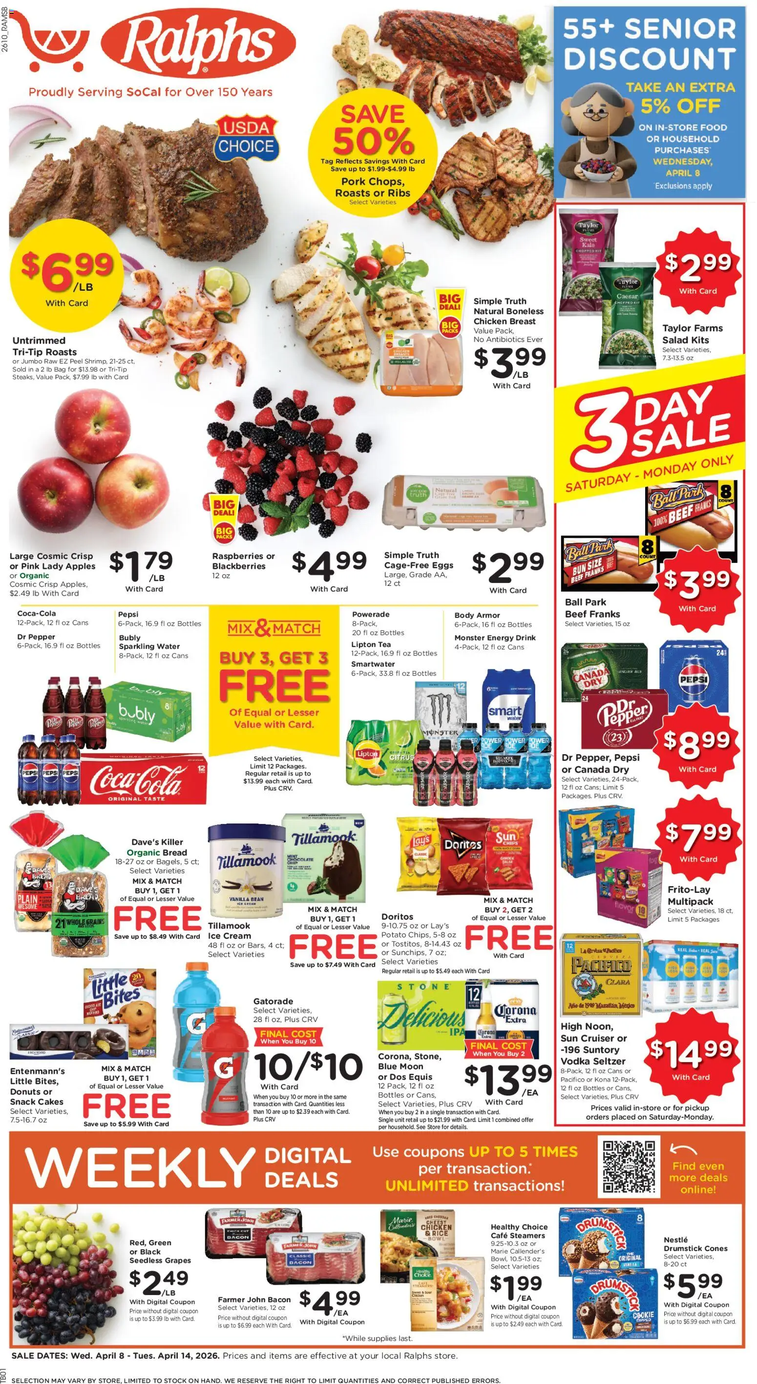 Ad Preview of Ralphs Ralphs Weekly Ad from 04/08/2026 - Apples, Ice, Eggs, Tea, Chips, Pepsi, Grains, Organic bread