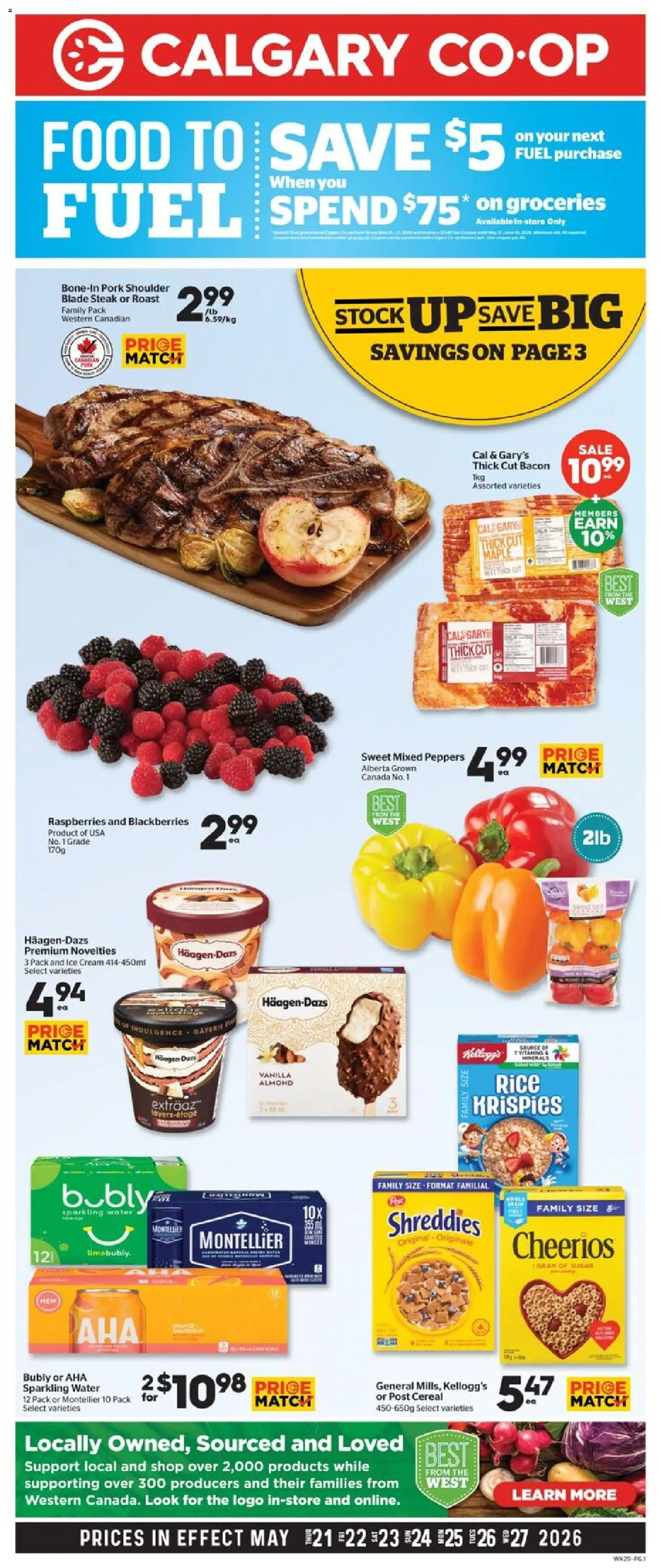 Preview of leaflet Calgary Co-op weekly flyer / circulaire from shop Calgary Co-op is valid from May 21, 2026 - Food, Water, Rice, Sugar, Pork, Cream, Roast, Pork shoulder
