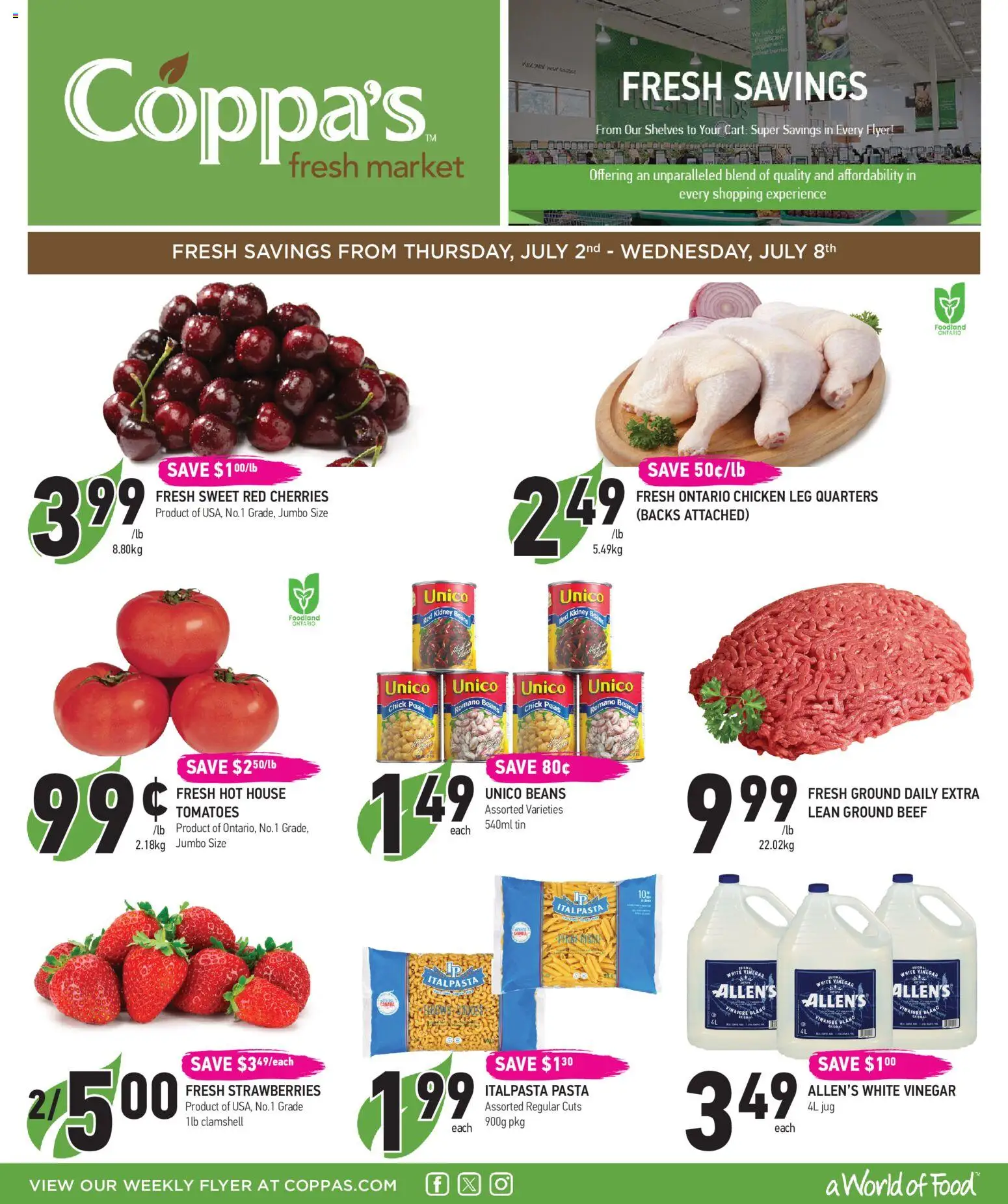 Preview of leaflet Coppas Fresh Market weekly flyer / circulaire from shop Coppas Fresh Market is valid from Jul 02, 2026 - Food, Chicken, Pasta, Tomatoes, Beef, Beans, Vinegar, White vinegar