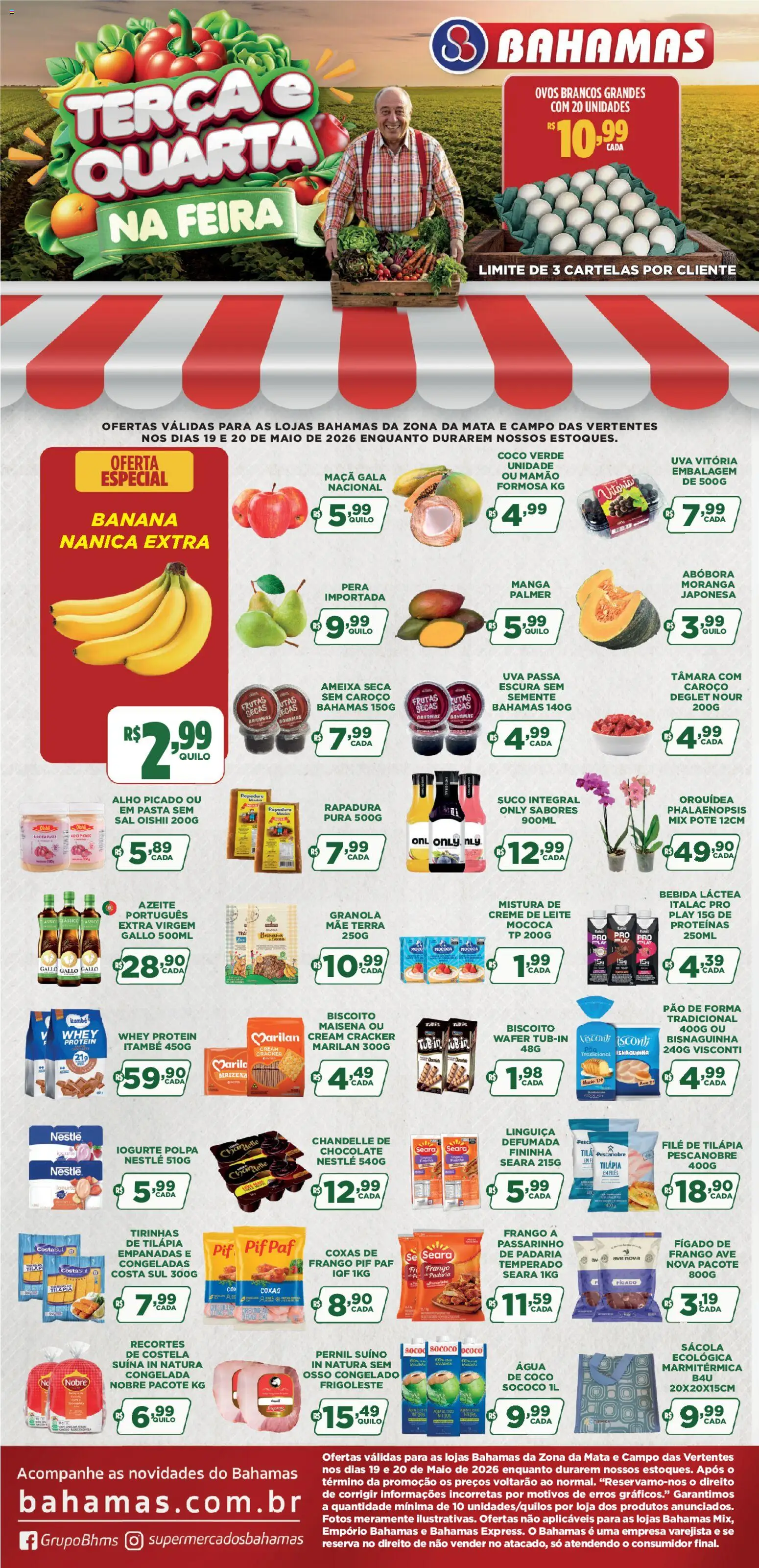 Pré-Visualização do folheto "Bahamas Supermercados ofertas Terça e Quarta na Feira" da loja Bahamas Supermercados válido a partir de 19/05/2026 - Manga, Moranga, Uva, Iogurte, Bebida, Abóbora, Leite, Creme de leite