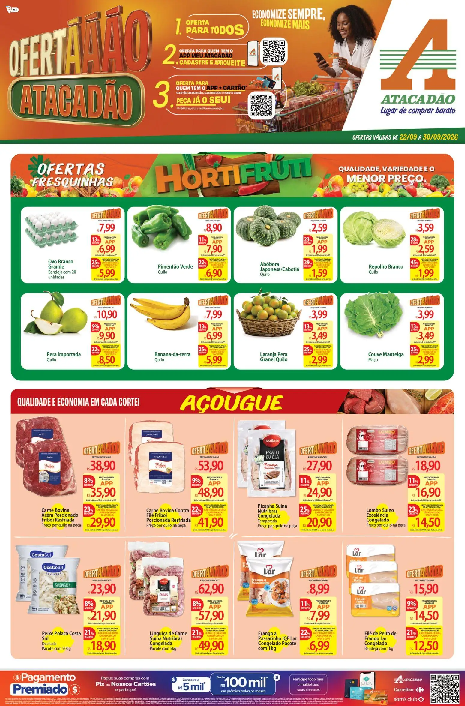 Pré-Visualização do folheto "Atacadão ofertas - MT" da loja Atacadão válido a partir de 22/09/2026 - Carne, Pera, Manteiga, Linguiça, Repolho, Carne bovina, Lombo, Contra filé