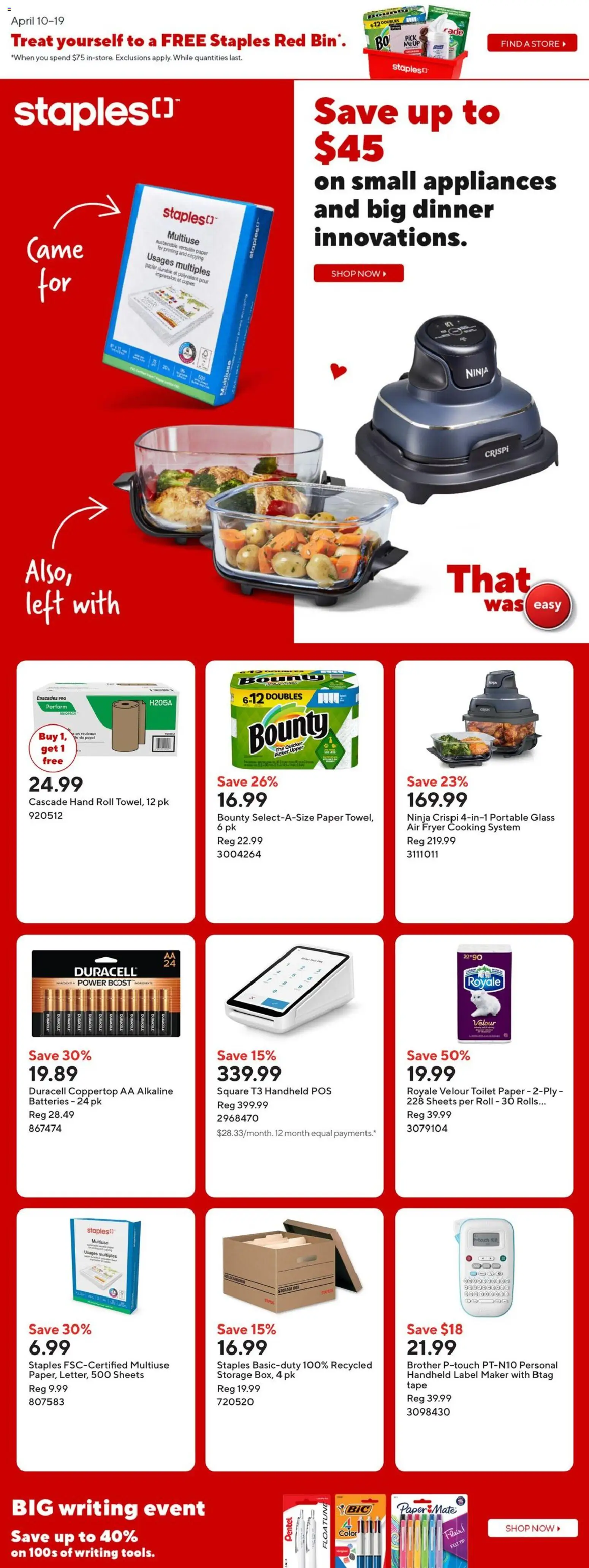 Preview of leaflet Staples weekly flyer / circulaire from shop Staples is valid from Apr 10, 2026 - Batteries, Box, Toilet paper, Storage box, Fryer