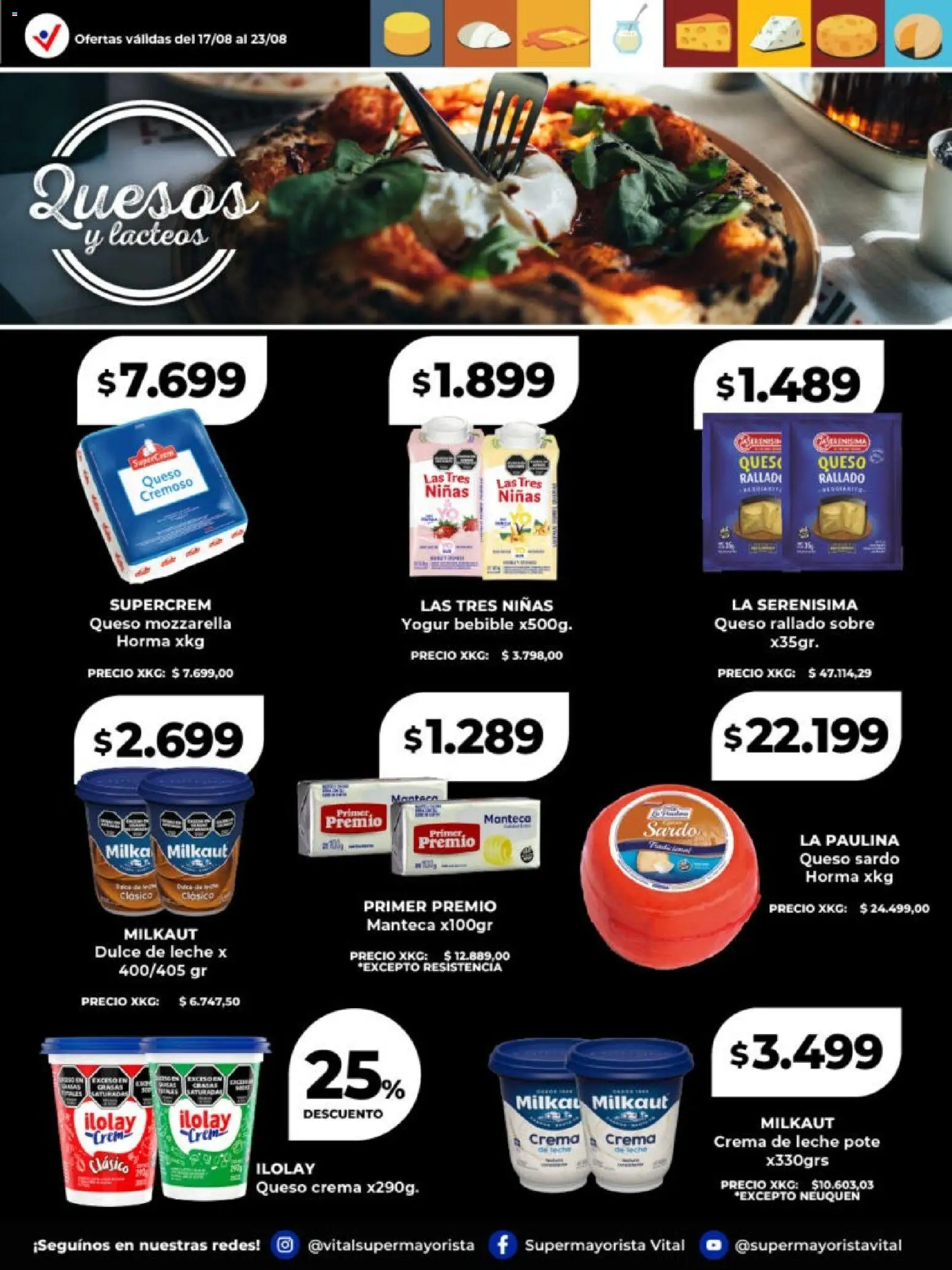 Vista previa del folleto de la tienda Vital válido desde el 17/08/2026 - Queso crema, Sobre, Manteca, Crema, Mozzarella, Queso rallado, Yogur, Dulce