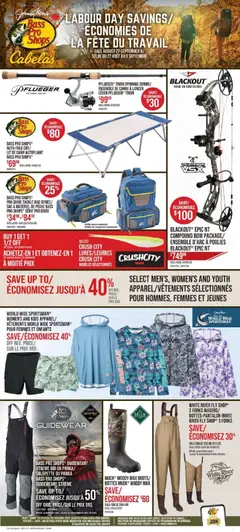 Un aperçu du dépliant Cabelas weekly flyer / circulaire du magasin Cabelas est valide à partir 27 août 2026
