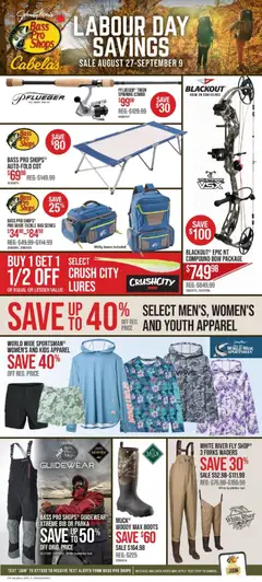Un aperçu du dépliant Cabelas weekly flyer / circulaire du magasin Cabelas est valide à partir 27 août 2026