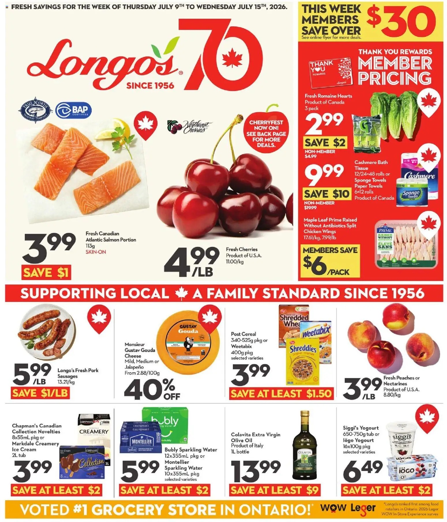 Preview of leaflet Longo's weekly flyer / circulaire from shop Longo's is valid from Jul 09, 2026 - Food, Ice cream, Chicken wings, Peaches, Olive oil, Pork, Towels, Gouda