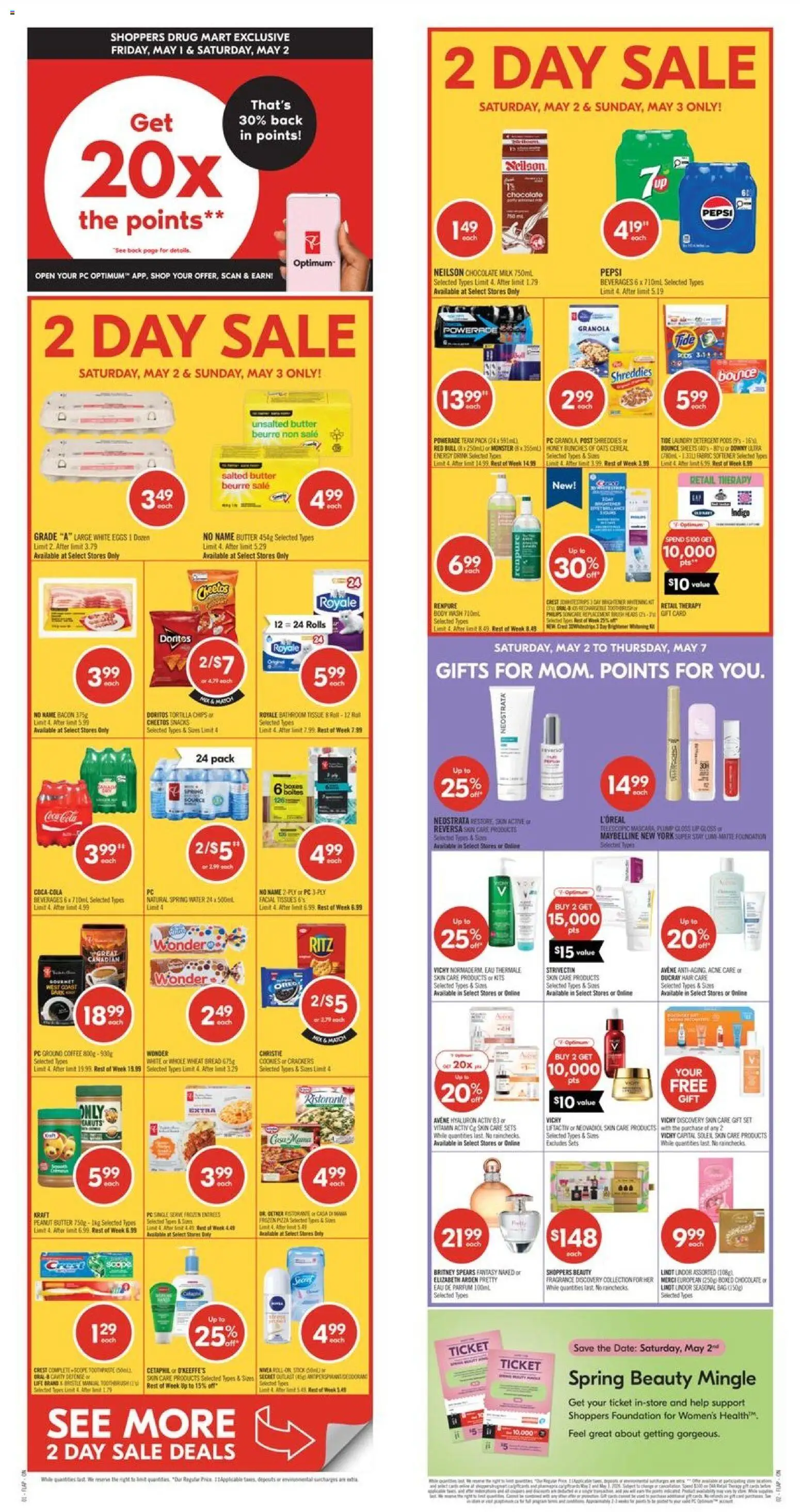 Preview of leaflet Shoppers weekly flyer / circulaire from shop Shoppers is valid from May 02, 2026 - Honey, PC, Eggs, Lindt, Snacks, Bacon, Lime, Body wash