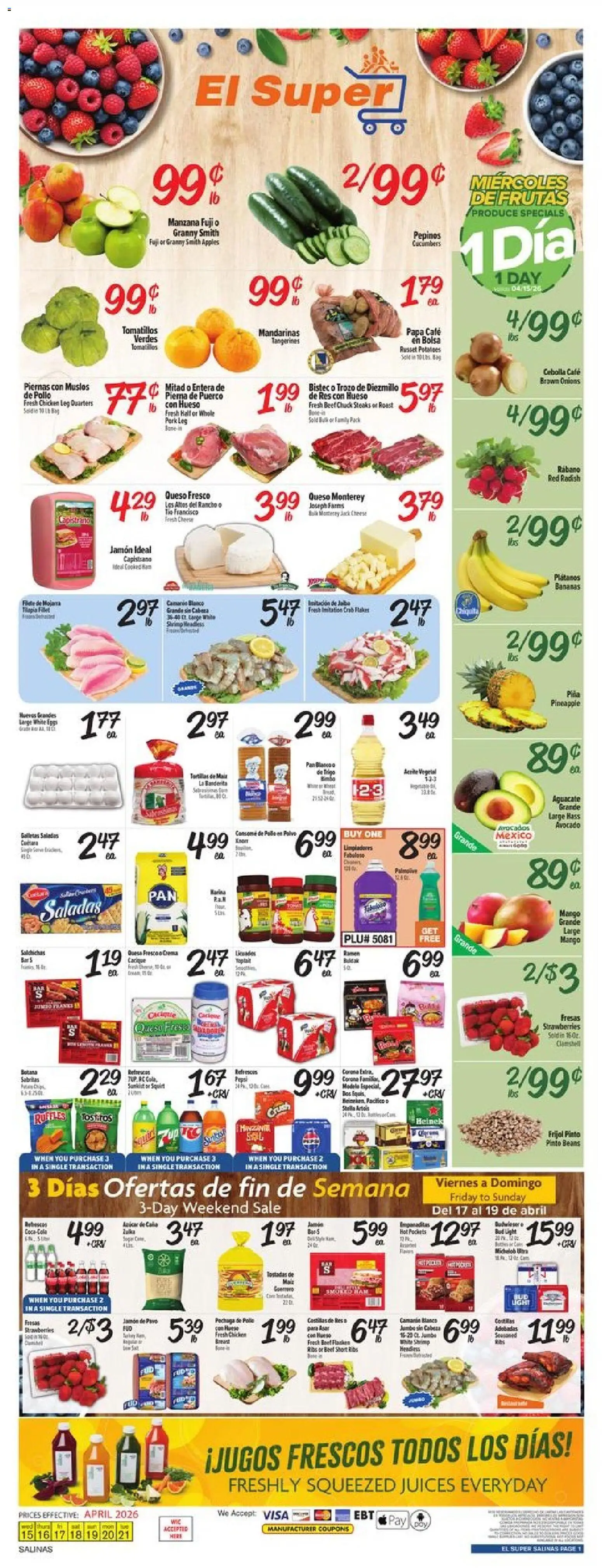 Ad Preview of El Super El Super Weekly Ad from 04/15/2026 - Apples, Mango, Bananas, Avocado, Pineapple, Pork, Beef chuck, Chicken