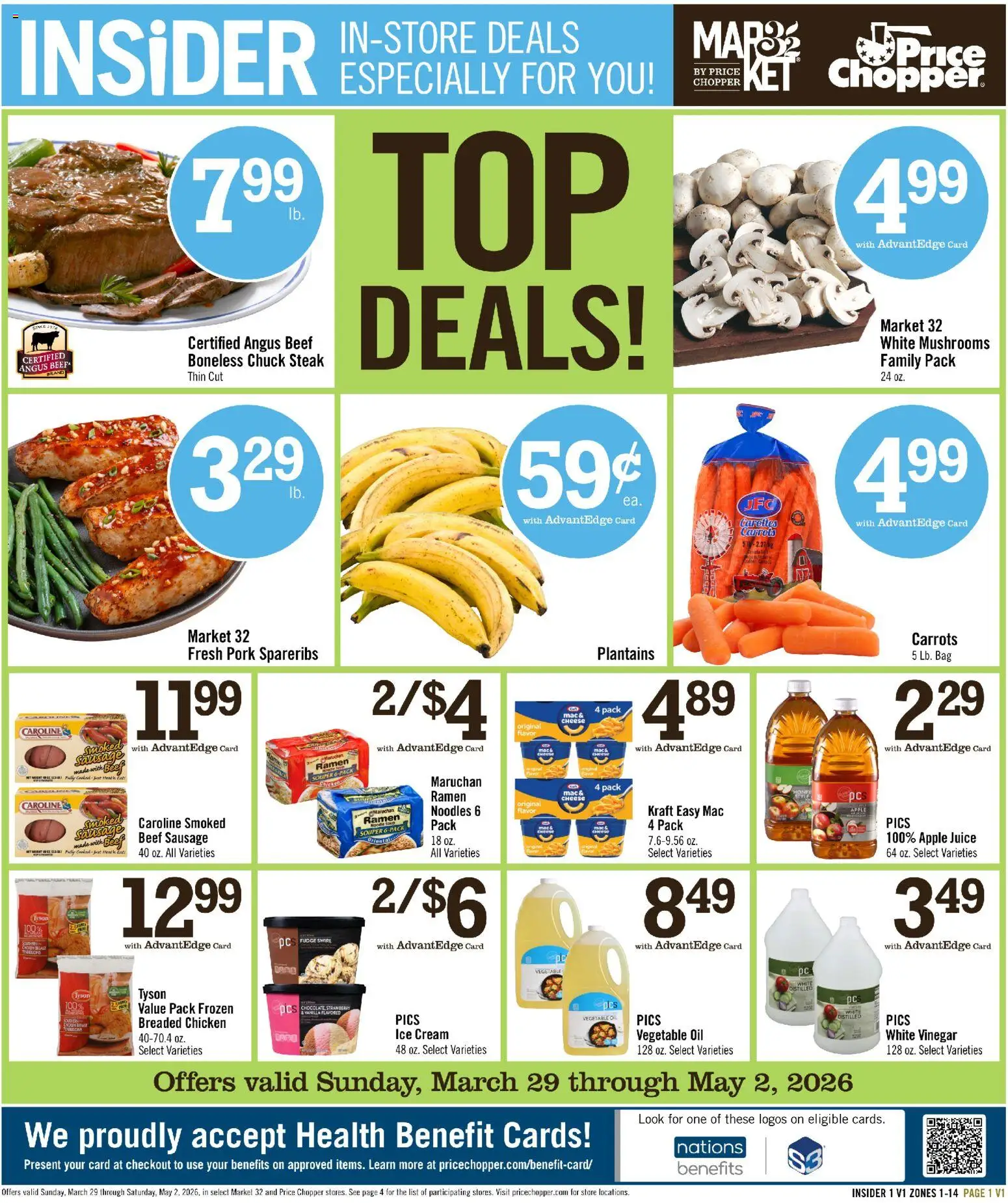 Ad Preview of Price Chopper Price Chopper Flyer Insider from 03/29/2026 - Ice cream, Noodles, Mushrooms, Juice, Sausage, Beef, Bag, Apple juice