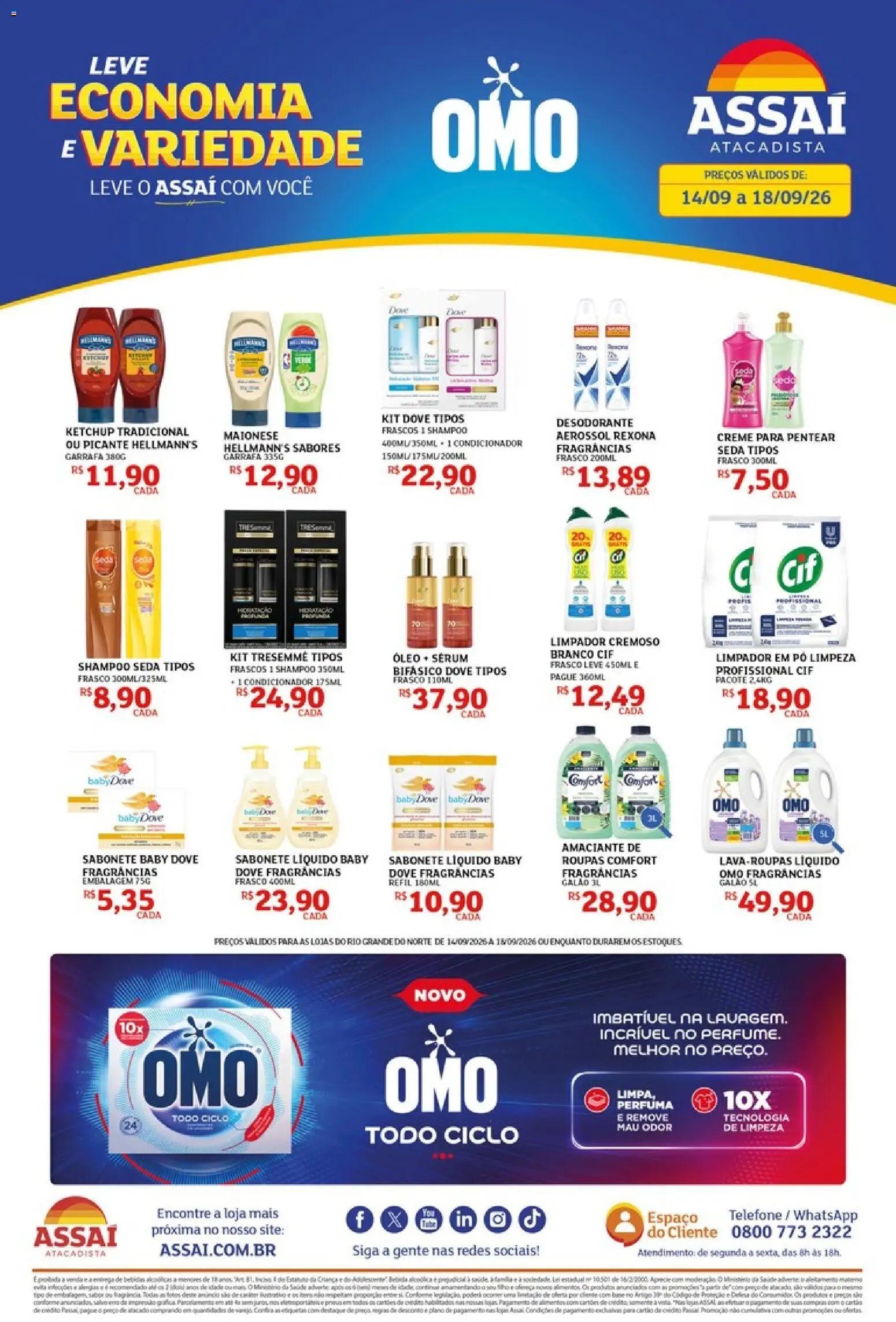 Pré-Visualização do folheto "Assaí Atacadista ofertas - RN" da loja Assaí Atacadista válido a partir de 14/09/2026 - Telefone, Shampoo, Roupas, Óleo, Base, Sabonete, Sérum, Creme para pentear