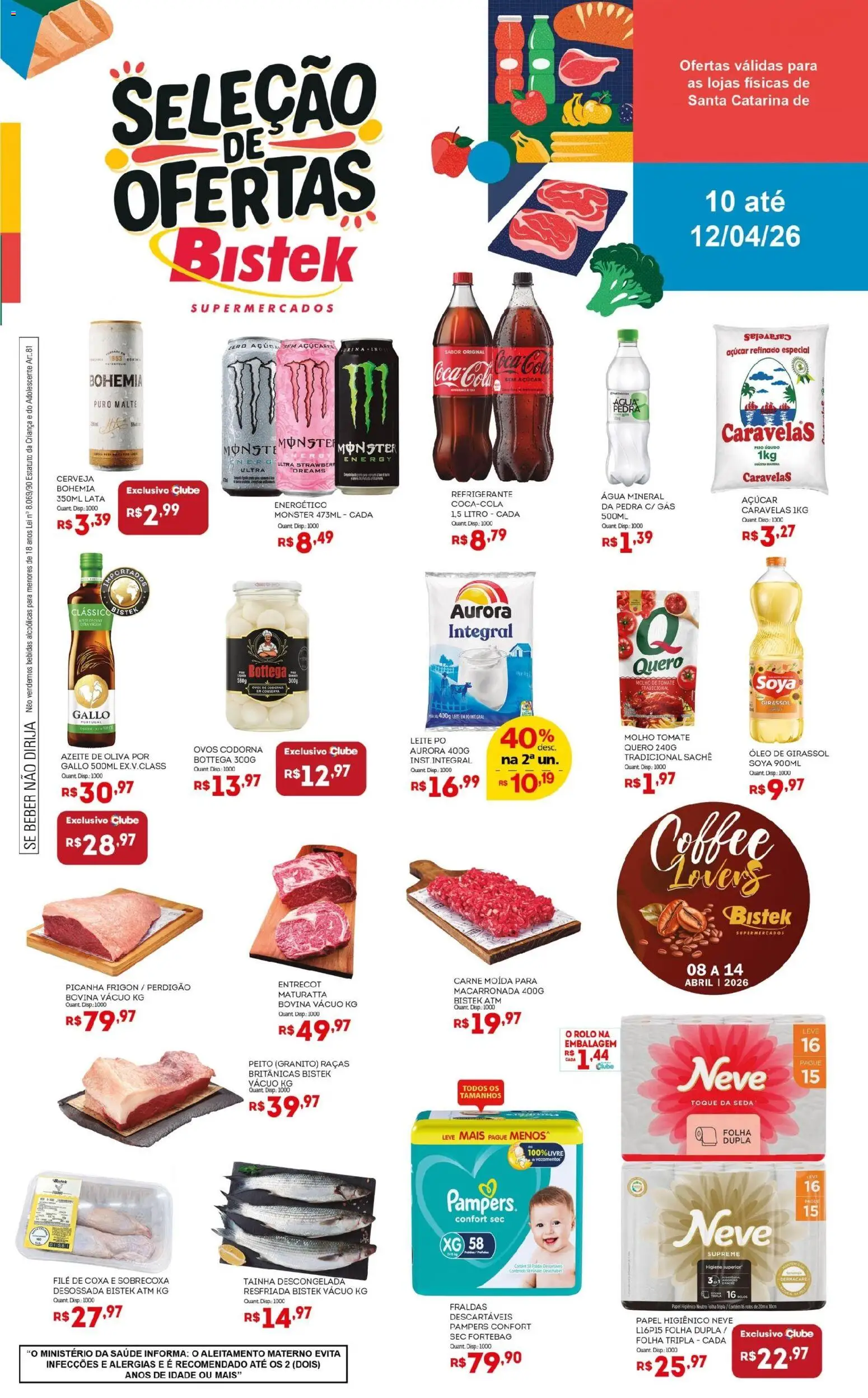 Pré-Visualização do folheto "Bistek Supermercados ofertas Seleção " da loja Bistek Supermercados válido a partir de 10/04/2026 - Cerveja, Fraldas, Óleo de girassol, Leite, Azeite, Pampers, Azeite de oliva, Papel higiênico