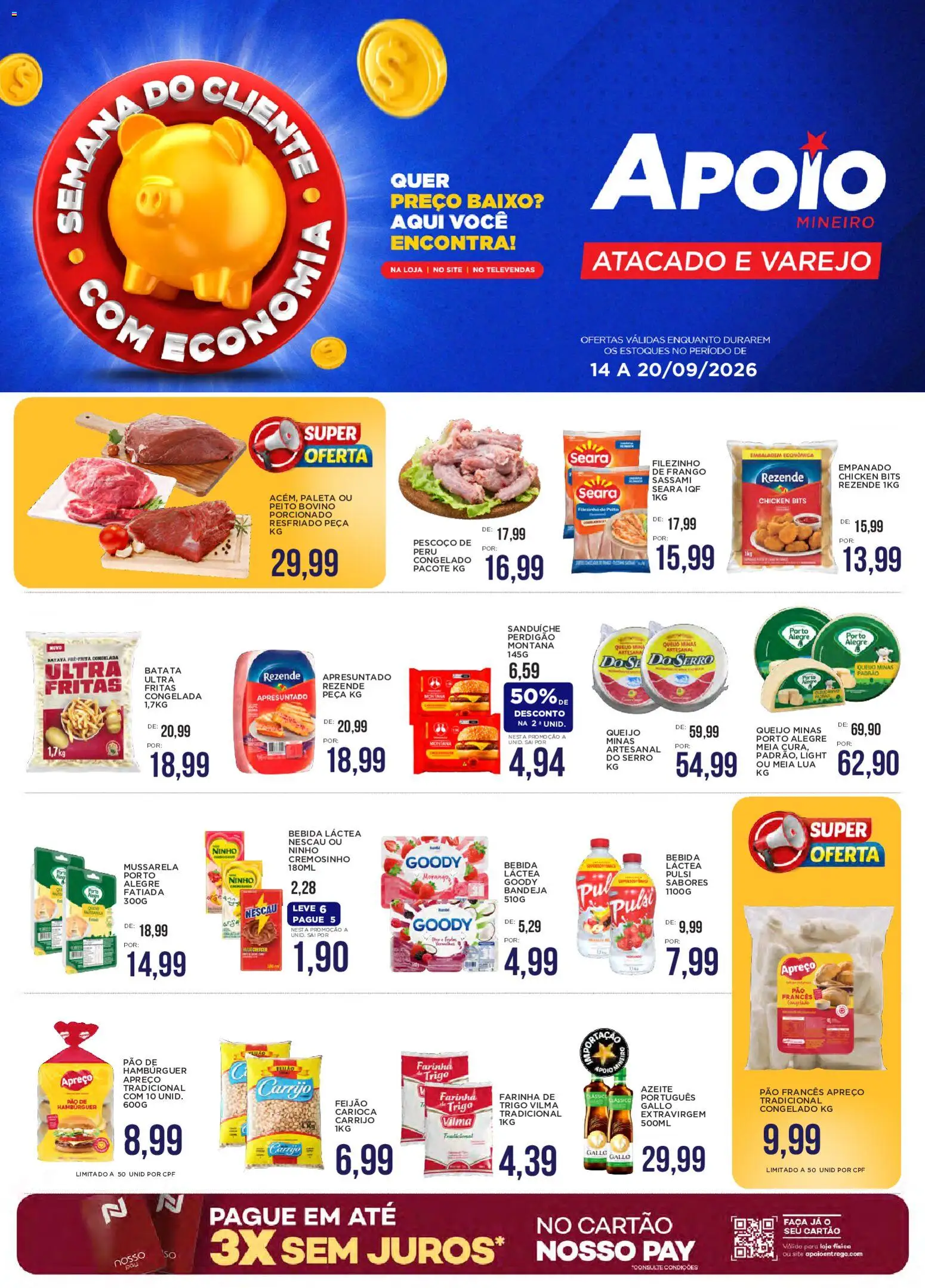 Pré-Visualização do folheto "Apoio Mineiro - Ofertas da semana" da loja Apoio Mineiro válido a partir de 14/09/2026 - Hambúrguer, Peru, Feijão, Azeite, Mussarela, Bandeja, Pão francês, Faca
