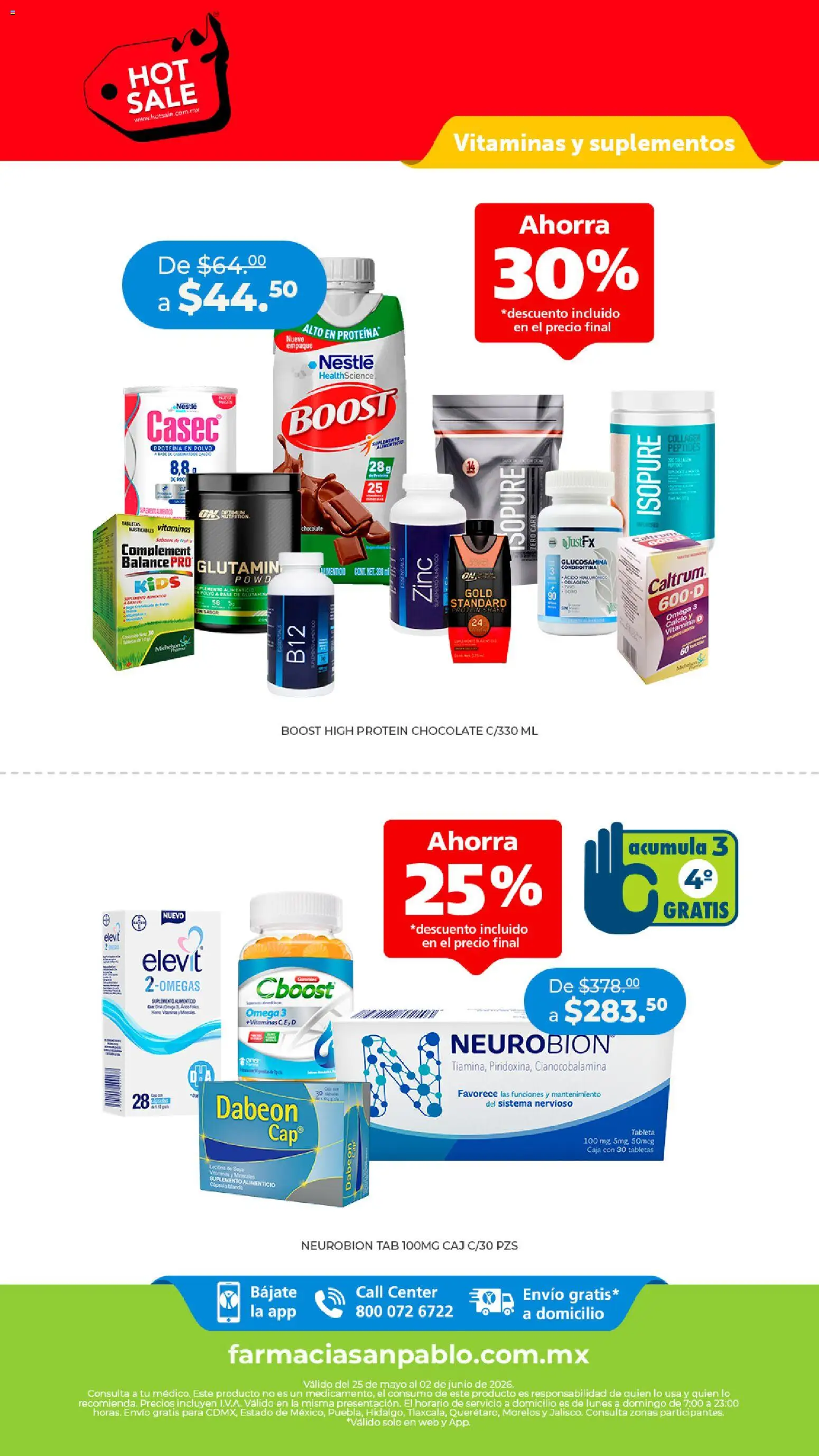 Vista previa las ofertas de la tienda Farmacia San Pablo - Farmacia San Pablo Hot Sale desde el 25/05/2026 - Chocolate, Omega 3, Proteína, Vitaminas, Omega, Caja, Proteína en polvo, Polvo
