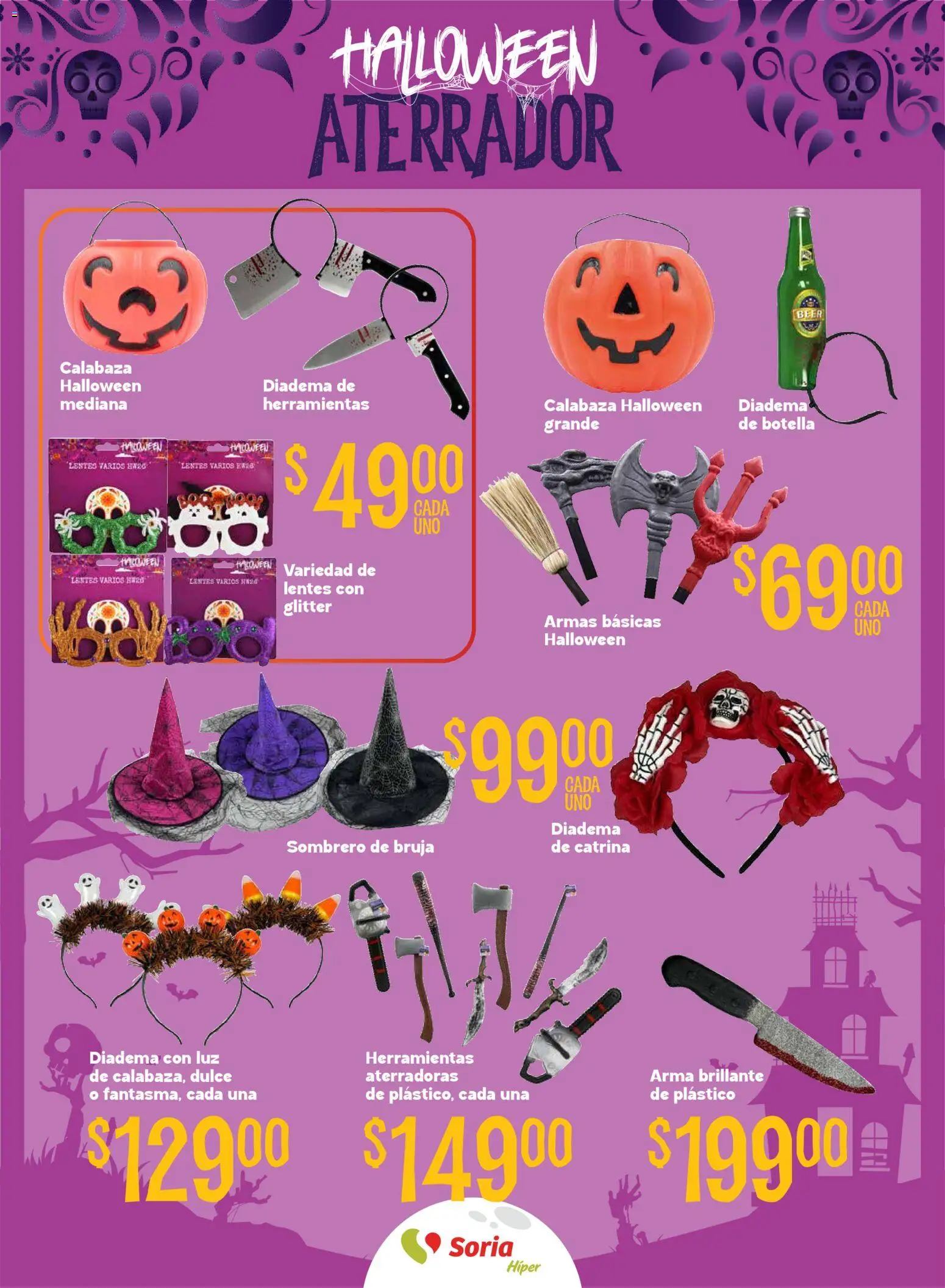 Vista previa las ofertas de la tienda Soriana - Soriana Híper - Halloween y Día de muertos desde el 01/10/2026 - Dulce, Lentes, Herramientas, Sombrero, Calabaza, Botella, Glitter