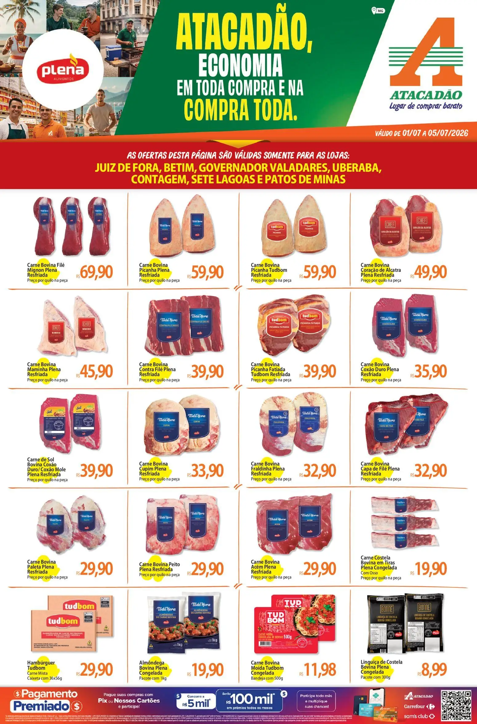 Pré-Visualização do folheto "Atacadão ofertas - MG" da loja Atacadão válido a partir de 01/07/2026 - Hambúrguer, Carne, Fraldinha, Linguiça, Alcatra, Bandeja, Costela bovina, Contra filé