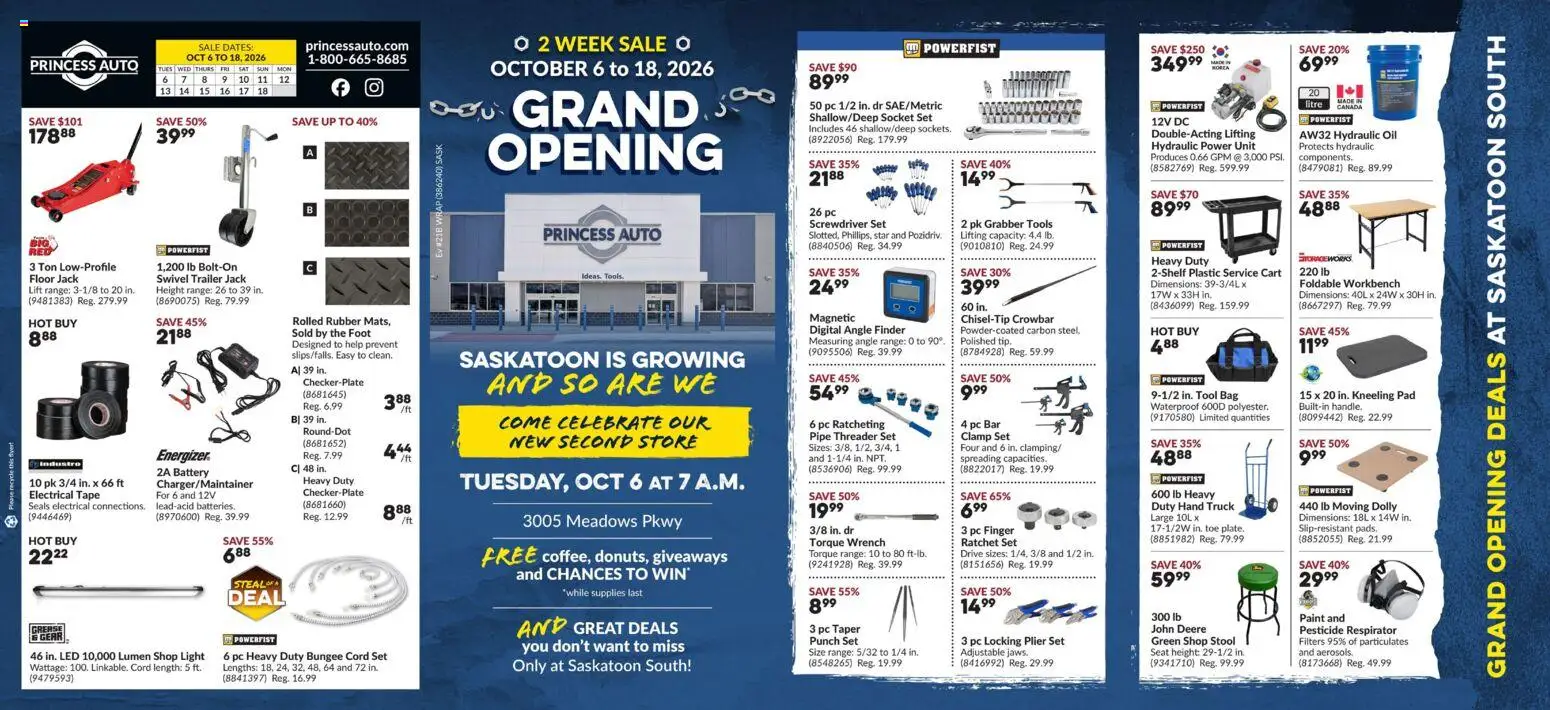 Preview of leaflet Princess Auto flyer - Grand opening from shop Princess Auto is valid from Oct 06, 2026 - PC, Trailer, Tools, Battery, Oil, Bag, Socket