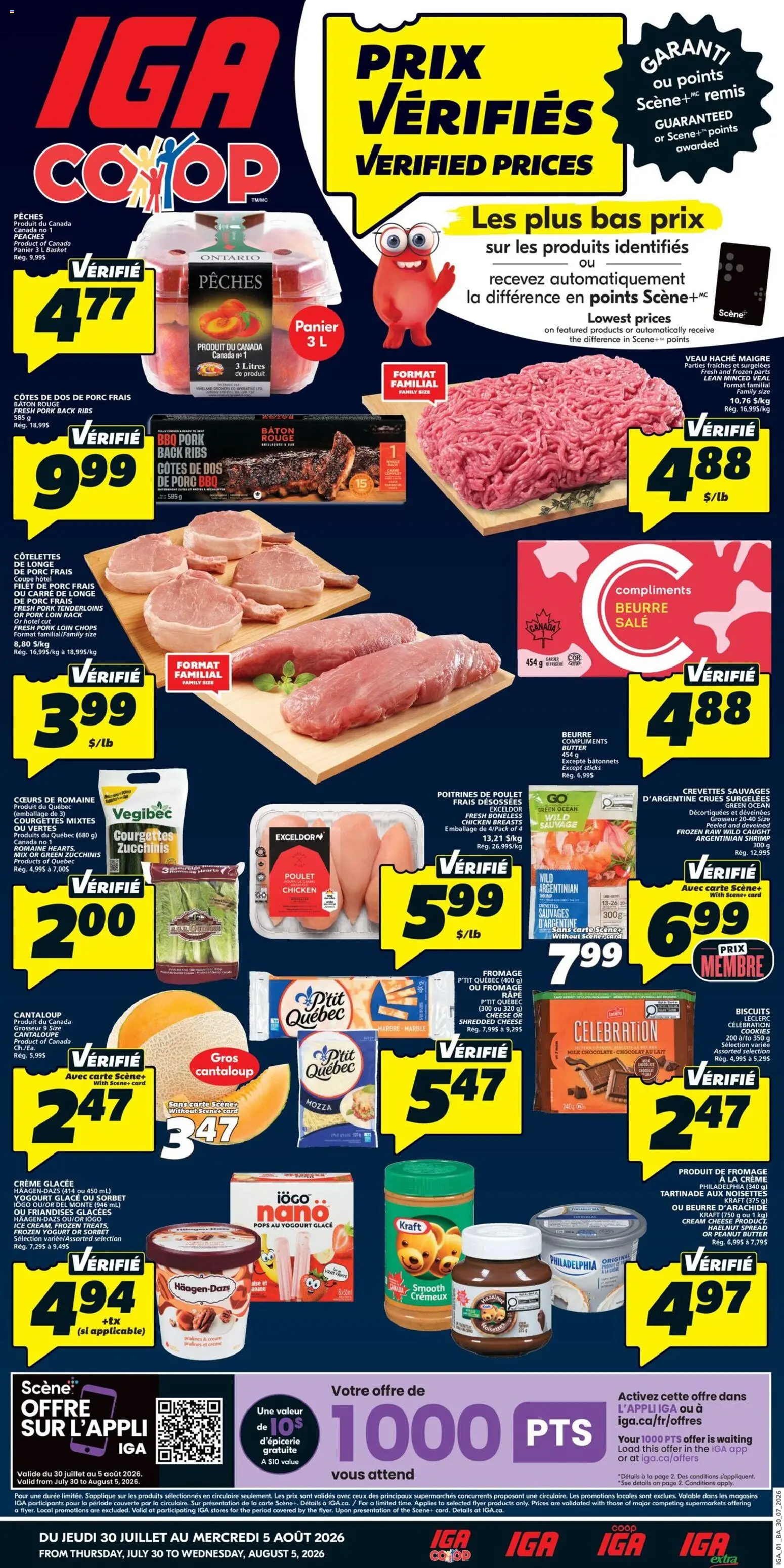 Preview of leaflet IGA weekly flyer / circulaire from shop IGA is valid from Jul 30, 2026 - Chicken, Shrimp, Peaches, Cream cheese, Pork, Chicken breasts, Basket, Pork loin