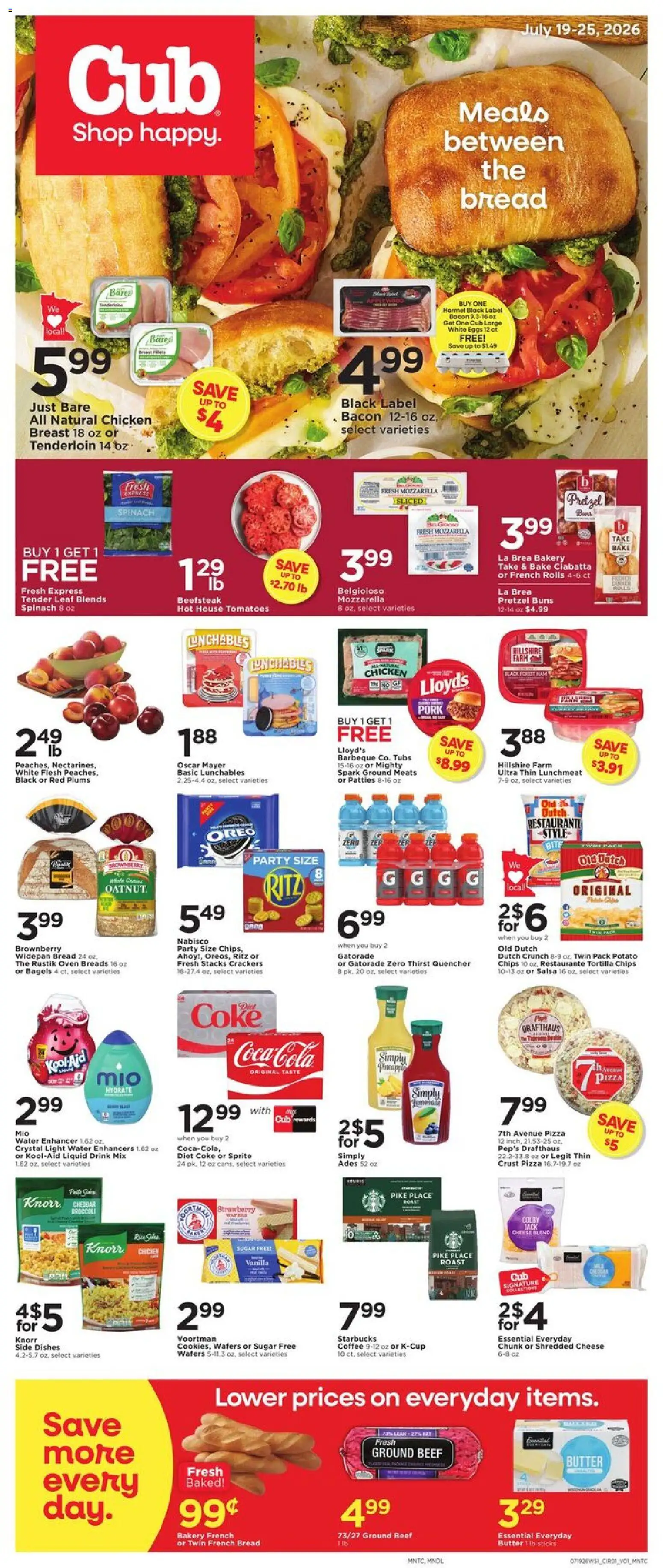 Ad Preview of Cub Foods Cub Foods Weekly Ad from 07/19/2026 - Pizza, Bakery, Butter, Sprite, Plums, Beef, Tortilla chips, Wafers