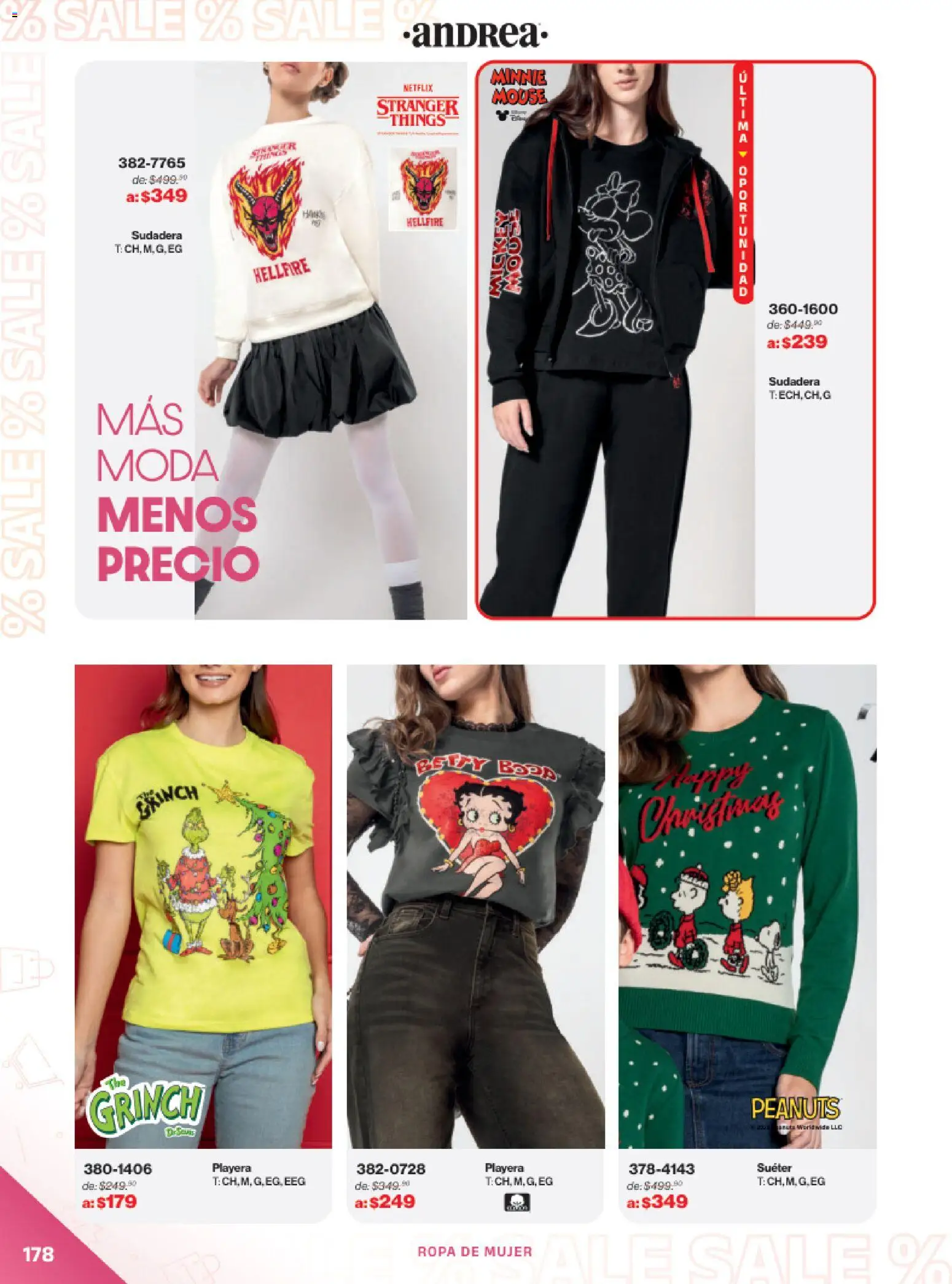 Vista previa las ofertas de la tienda Andrea - Catálogo Outlet desde el 21/12/2025 - Playera, Ropa, Sudadera, Mouse, Suéter