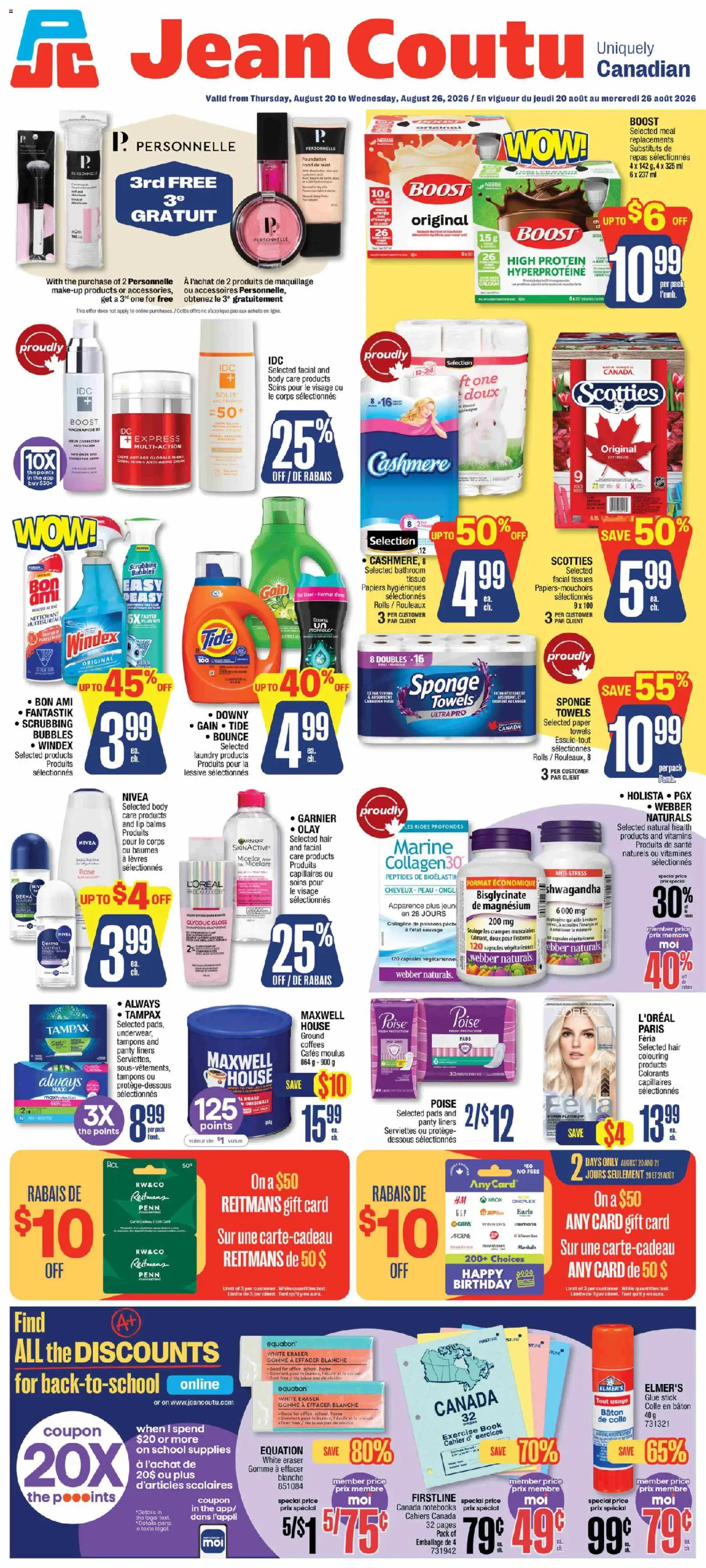 Preview of leaflet Jean Coutu weekly flyer from shop Jean Coutu is valid from Aug 20, 2026 - Protein, Tampons, Roast, Capsules, Towels, Sponge, Tissues, Panty liners
