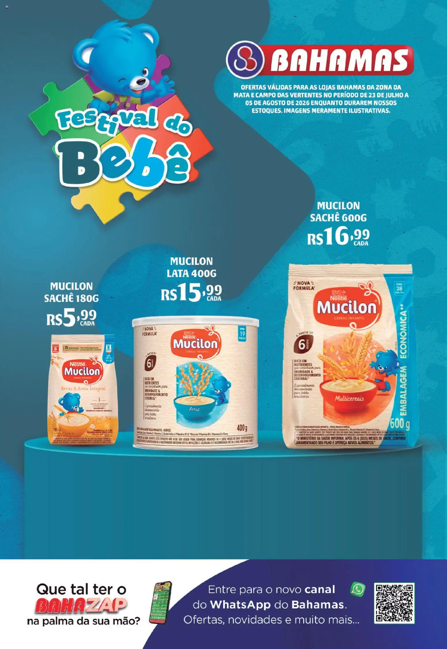 Pré-Visualização do folheto "Bahamas Supermercados ofertas Festival do Bebê Nestlé" da loja Bahamas Supermercados válido a partir de 23/07/2026 - Arroz, Mucilon, Aveia, Pia, Bico
