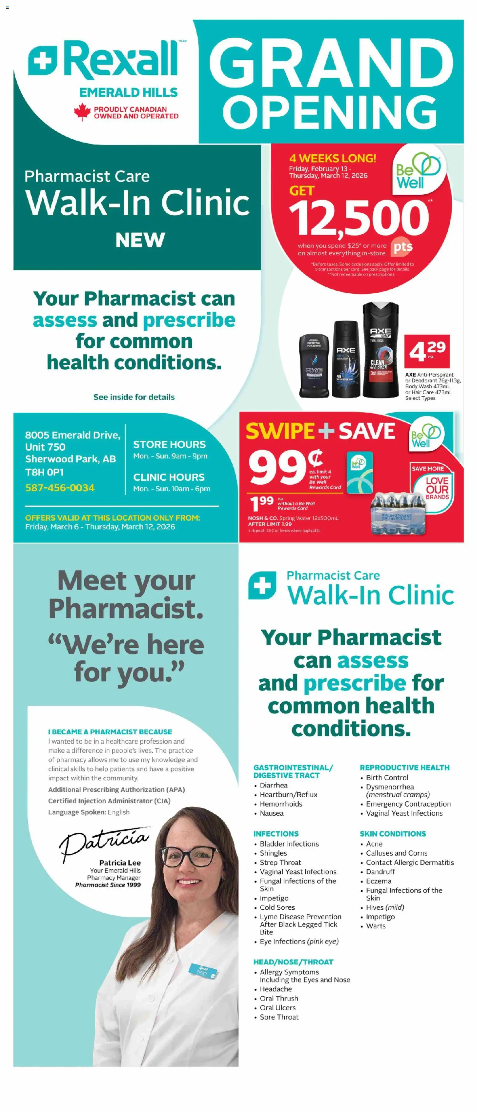 Preview of leaflet Rexall flyer - Emerald Hills Grand Opening - Sherwood Park from shop Rexall is valid from Mar 06, 2026 - Water, Deodorant, Spring water, Yeast, Cable, Body wash, Antiperspirant