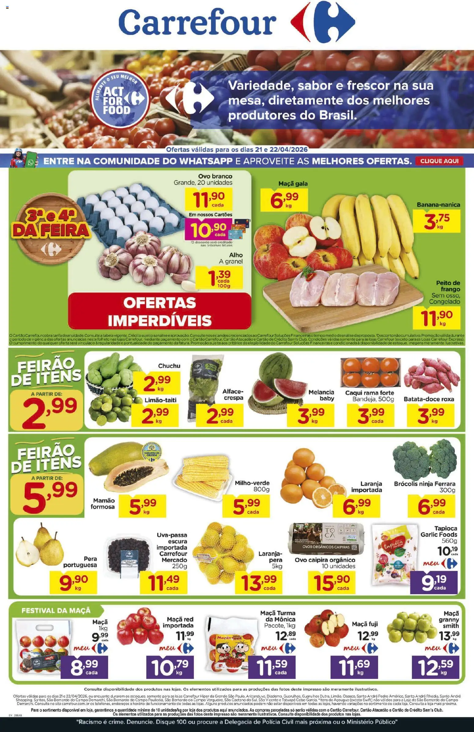 Pré-Visualização do folheto "Carrefour ofertas Feira" da loja Carrefour válido a partir de 21/04/2026 - Tapioca, Melancia, Frango, Pera, Alface, Peito de frango, Alho, Mamão