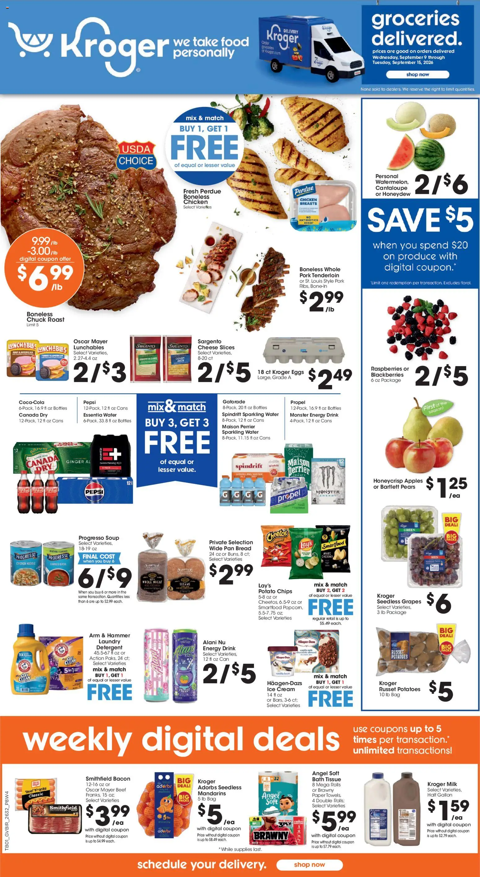 Ad Preview of Kroger Kroger Ad from 09/09/2026 - Apples, Ice, Eggs, Milk, Bacon, Bag, Bath, Hammer