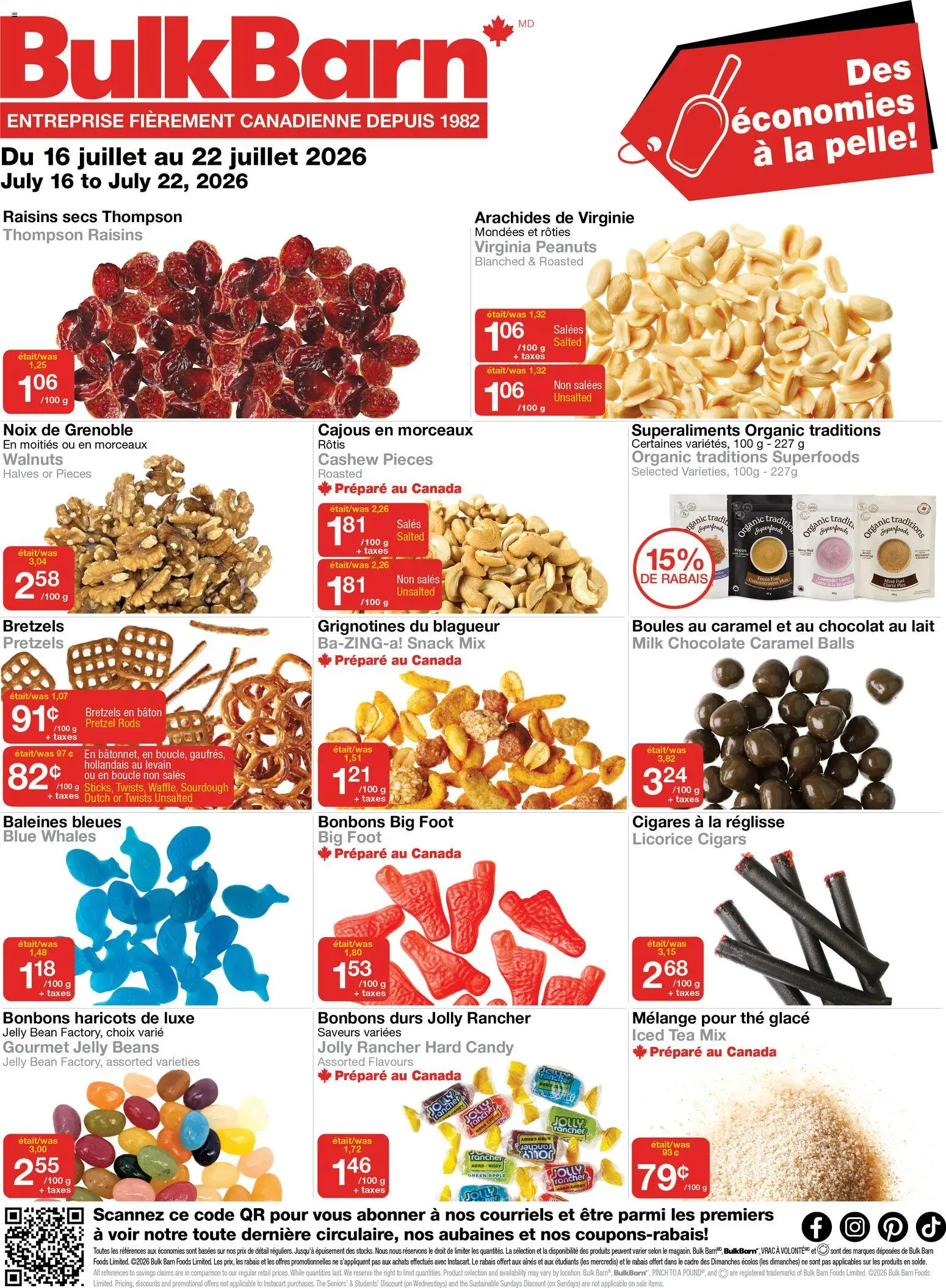 Preview of leaflet Bulk Barn weekly flyer / circulaire from shop Bulk Barn is valid from Jul 16, 2026 - Chocolate, Milk, Walnuts, Peanuts, Beans, Raisins, Cashew, Iced tea