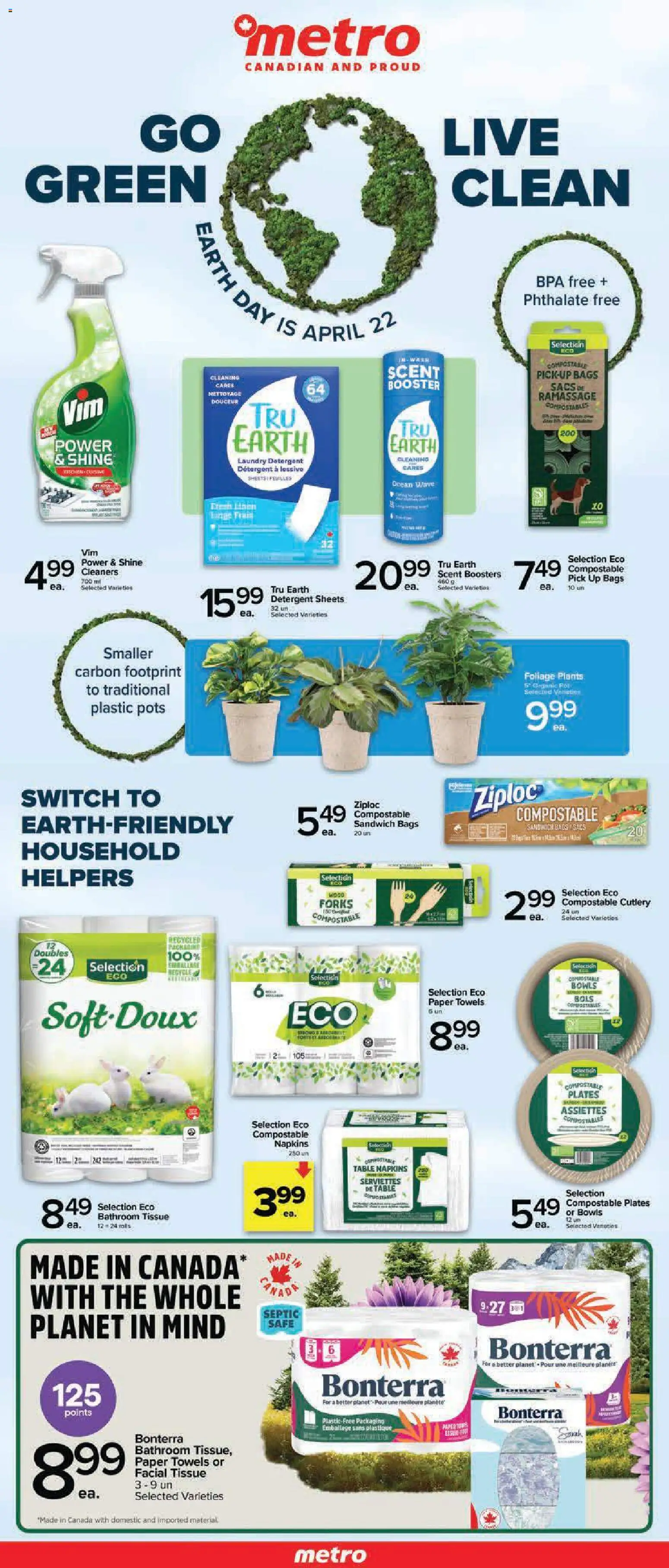 Preview of leaflet Metro Earth Day Flyer - Alma from shop Metro is valid from Apr 16, 2026 - Pots, Paper towels, Towels, Detergent, Table