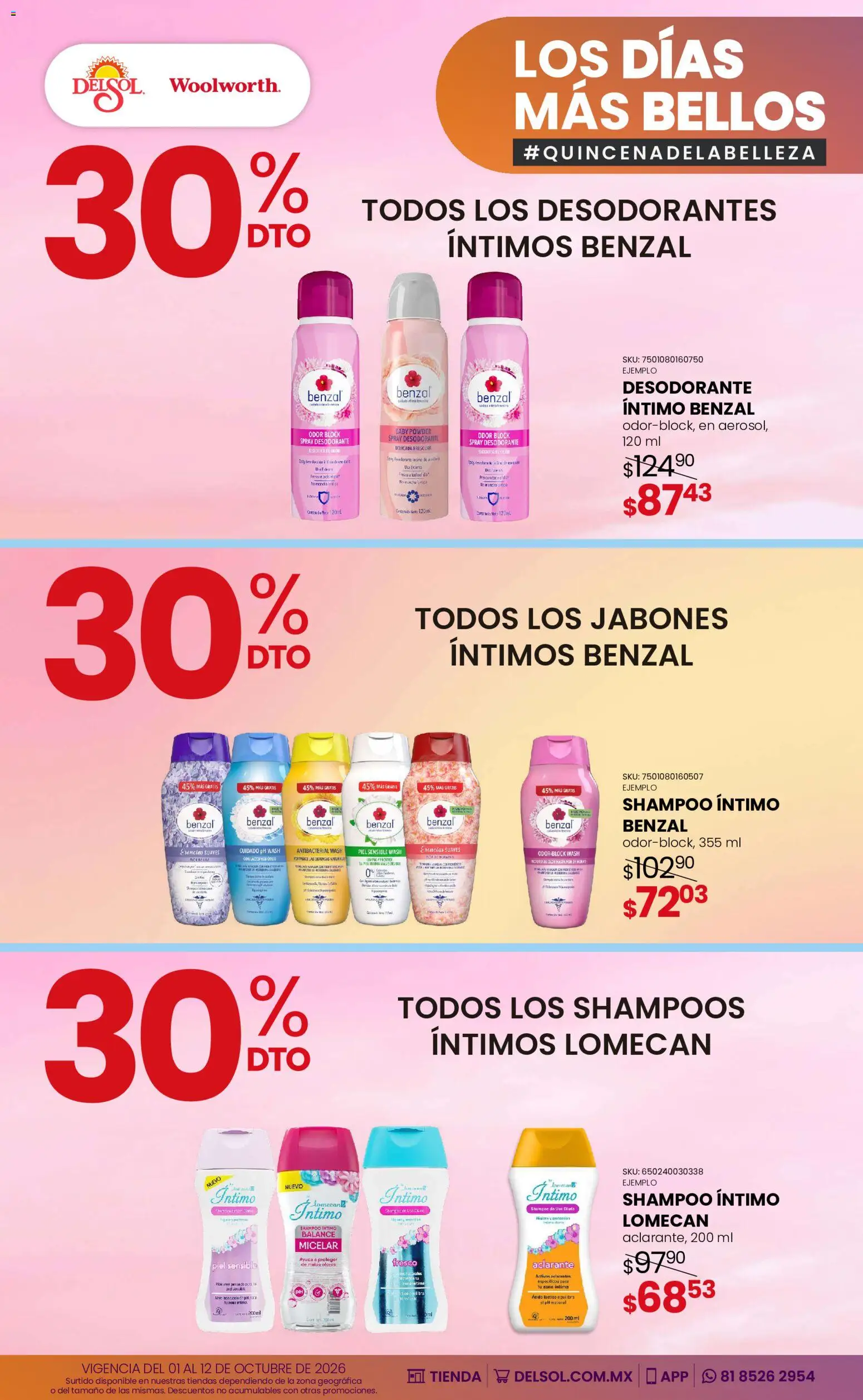 Vista previa las ofertas de la tienda Del Sol y Woolworth - Del Sol y Woolworth catálogo Los días más bellos - Quincena Belleza desde el 01/10/2026 - Shampoo, Desodorante, Esencias, Aclarante