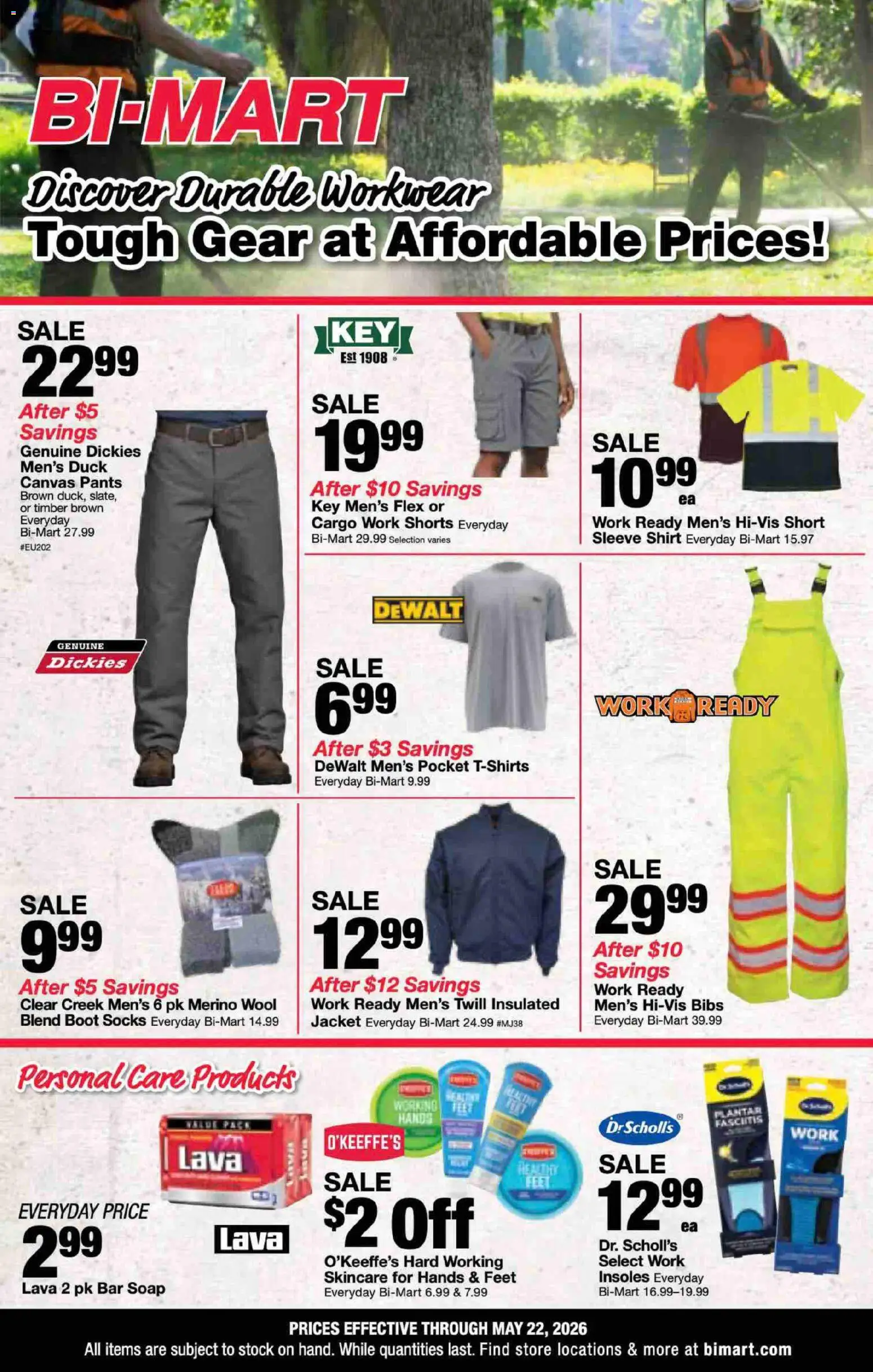 Ad Preview of Bi-Mart Bi-Mart Workwear Savings Guide from 05/11/2026 - Canvas, Duck, Shorts, Shirt, Jacket, Socks, Pants, Workwear