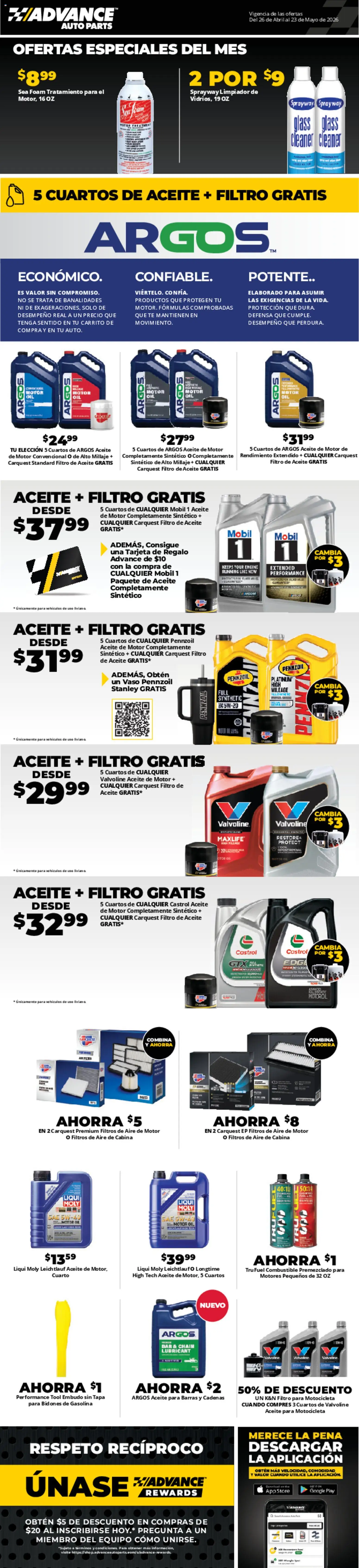 Ad Preview of Advance Auto Parts Advance Auto Parts Weekly Ad - Spanish from 04/26/2026 - Oil, Foam, Motor Oil