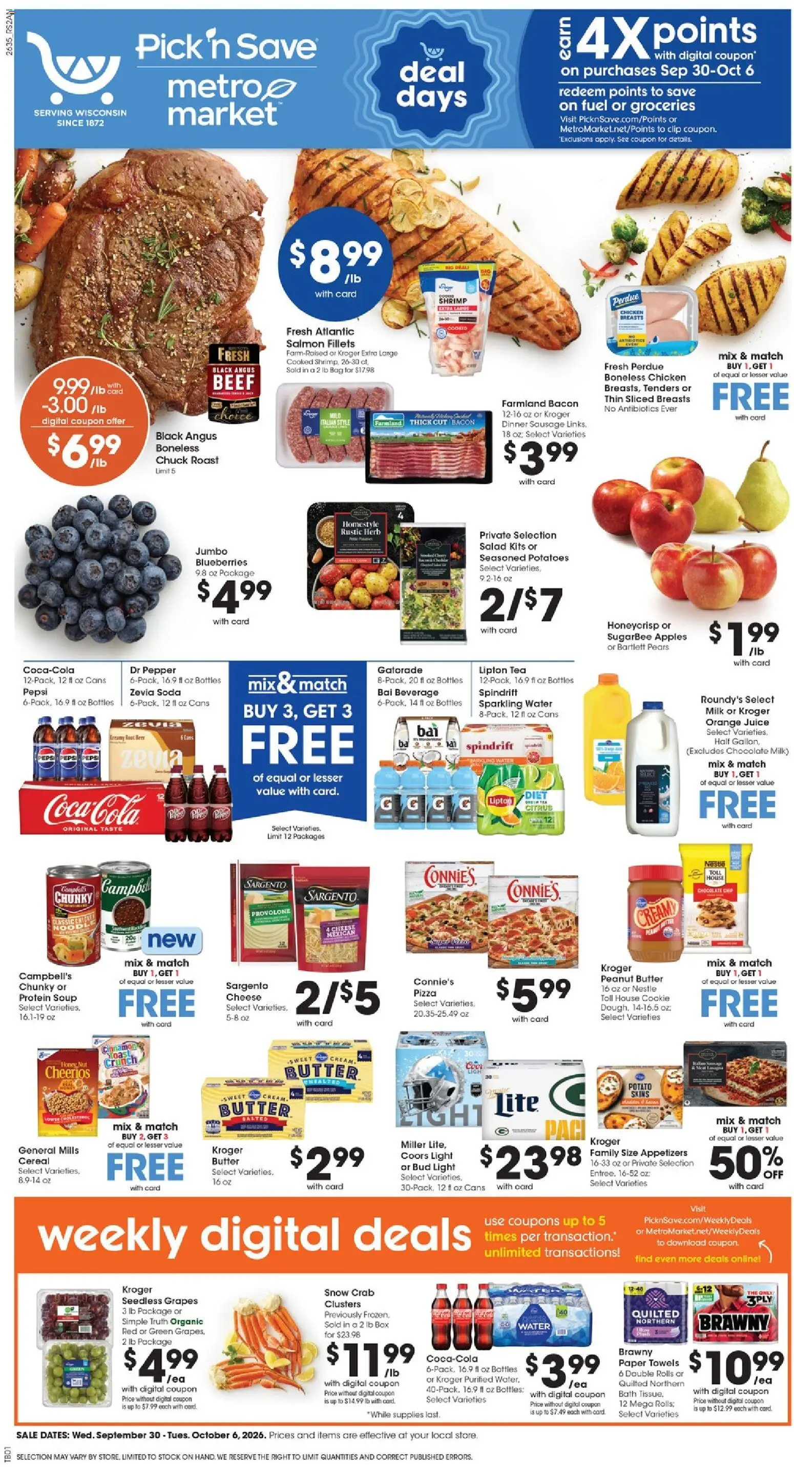 Ad Preview of Pick ‘n Save Pick ‘n Save Weekly Ad from 09/30/2026 - Pizza, Groceries, Chocolate, Beer, Salmon, Pepsi, Beef, Bag