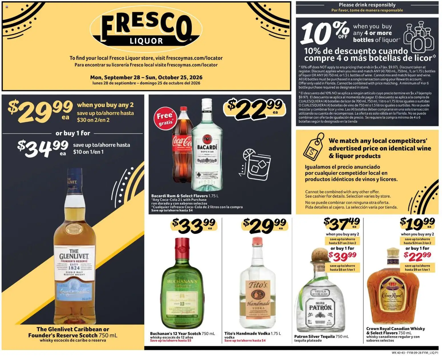 Ad Preview of Fresco y Más Fresco y Más Alcohol Flyer from 09/28/2026 - Tequila, Wine, Vodka, Bacardi, Rum