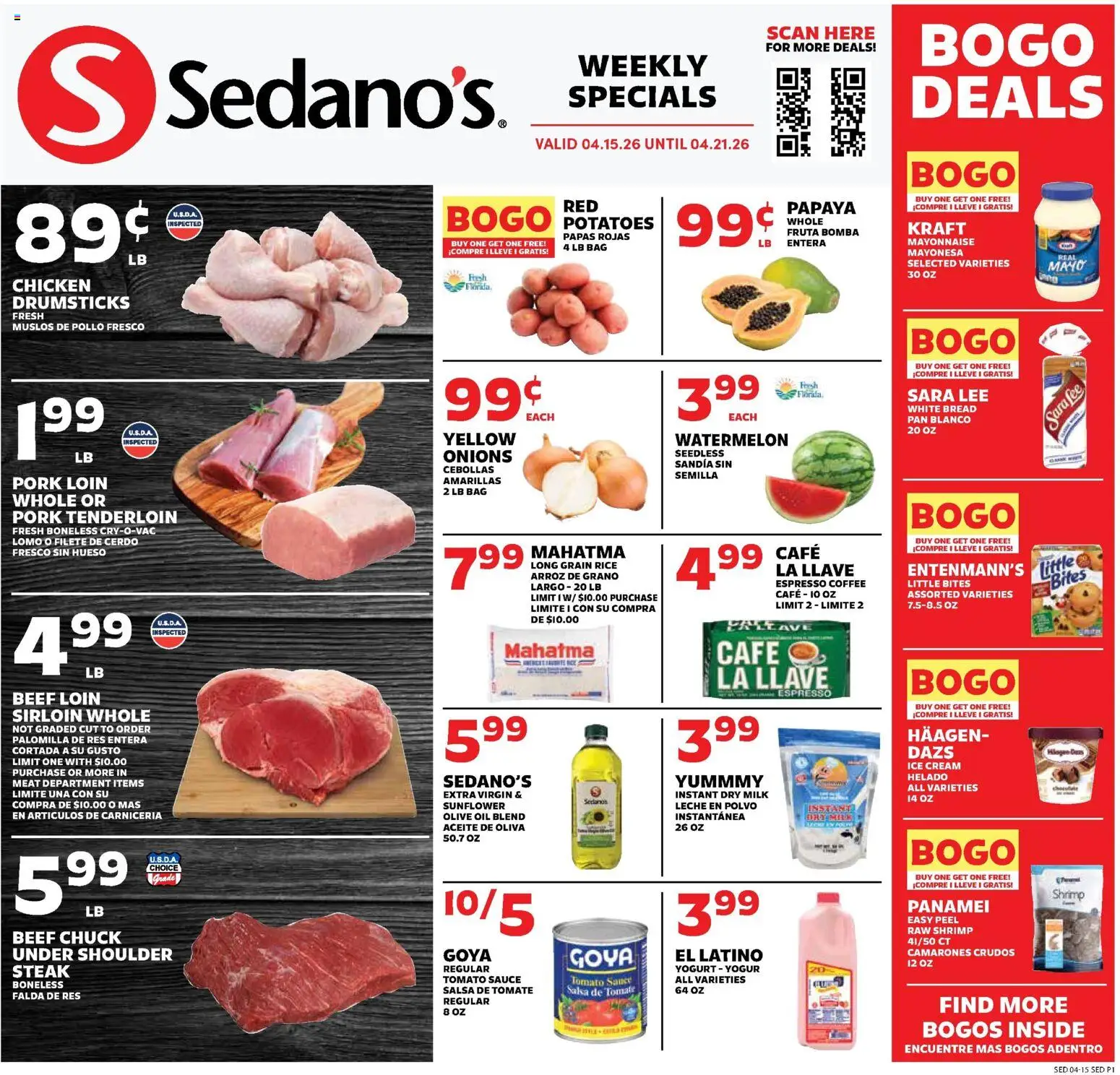 Ad Preview of Sedano's Sedano's Weekly Ad from 04/15/2026 - Coffee, Bread, Tomato, Rice, Oil, Bag, Cream, Drumsticks