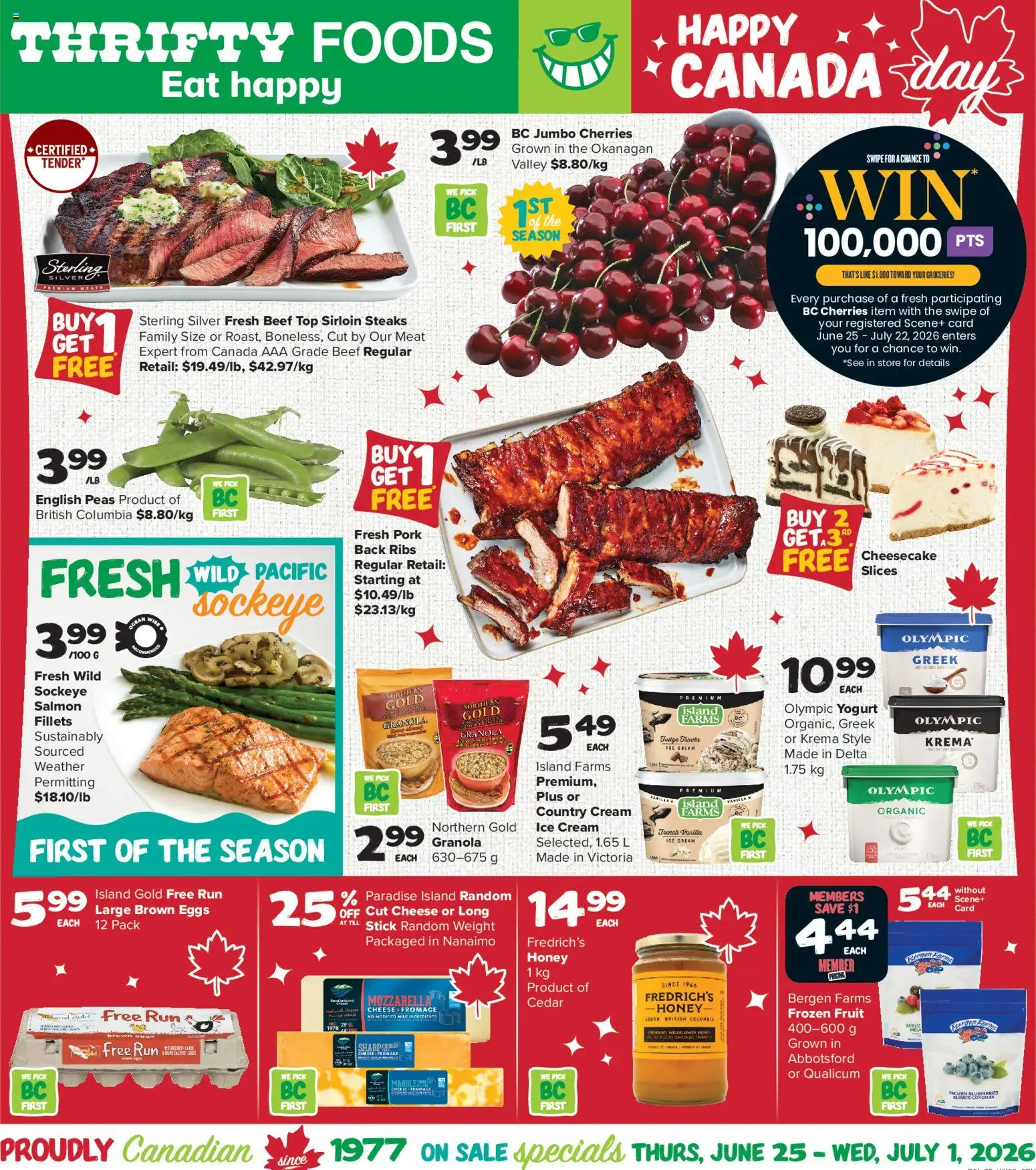 Preview of leaflet Thrifty Foods weekly flyer / circulaire from shop Thrifty Foods is valid from Jun 25, 2026 - Honey, Eggs, Cheese, Salmon, Beef, Cream, Mozzarella, Frozen fruit