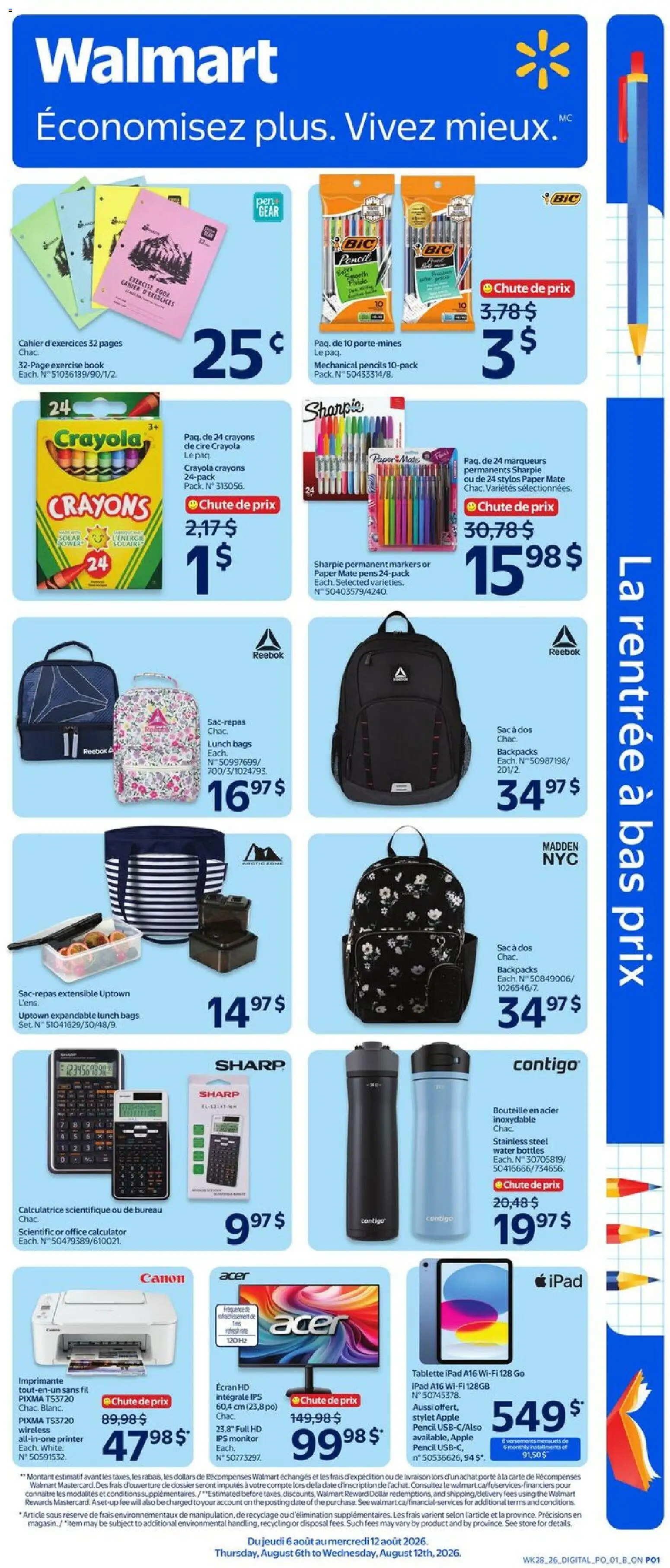 Preview of leaflet Walmart circulaire - La rentrée à bas prix from shop Walmart is valid from Aug 06, 2026 - Calculator, Shoes, Water, Backpack, Printer, Monitor, Tablet, Bag