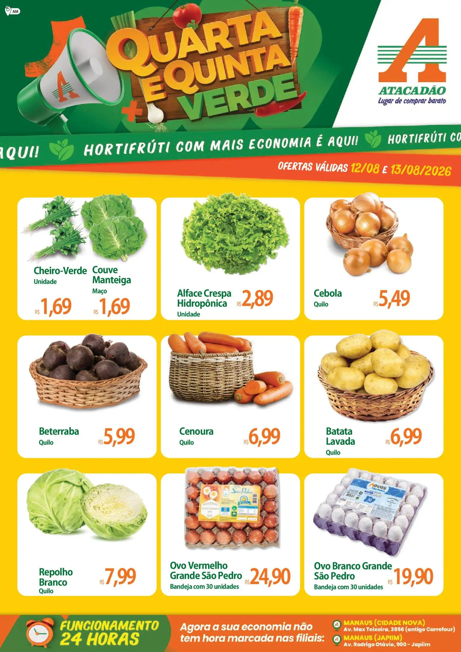 Pré-Visualização do folheto "Atacadão ofertas - AM" da loja Atacadão válido a partir de 12/08/2026 - Ovos, Batata, Manteiga, Couve, Alface, Cebola, Repolho, Bandeja