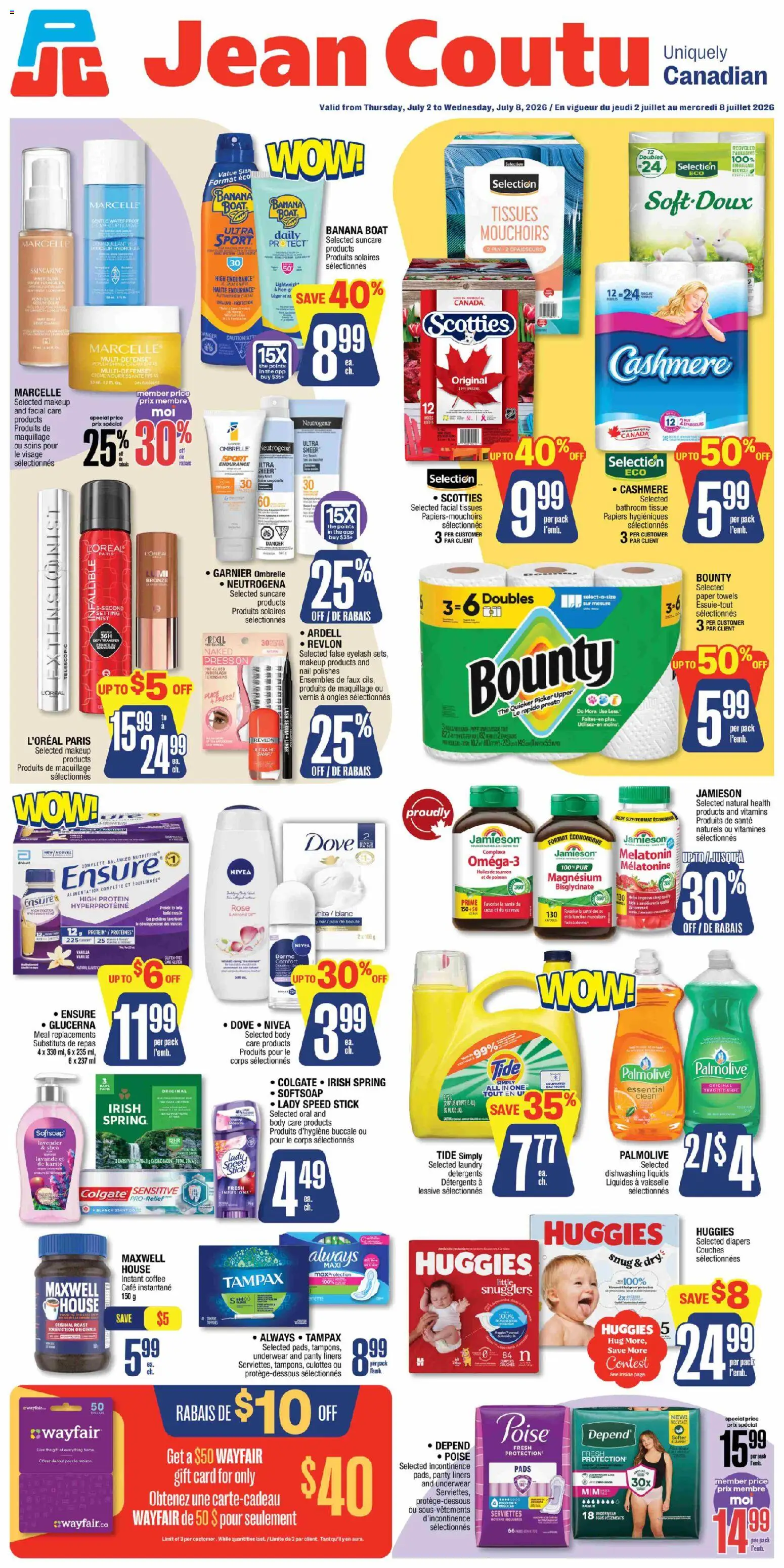 Preview of leaflet Jean Coutu weekly flyer from shop Jean Coutu is valid from Jul 02, 2026 - Coffee, Protein, Diapers, Roast, Underwear, Paper towels, Towels, Instant coffee