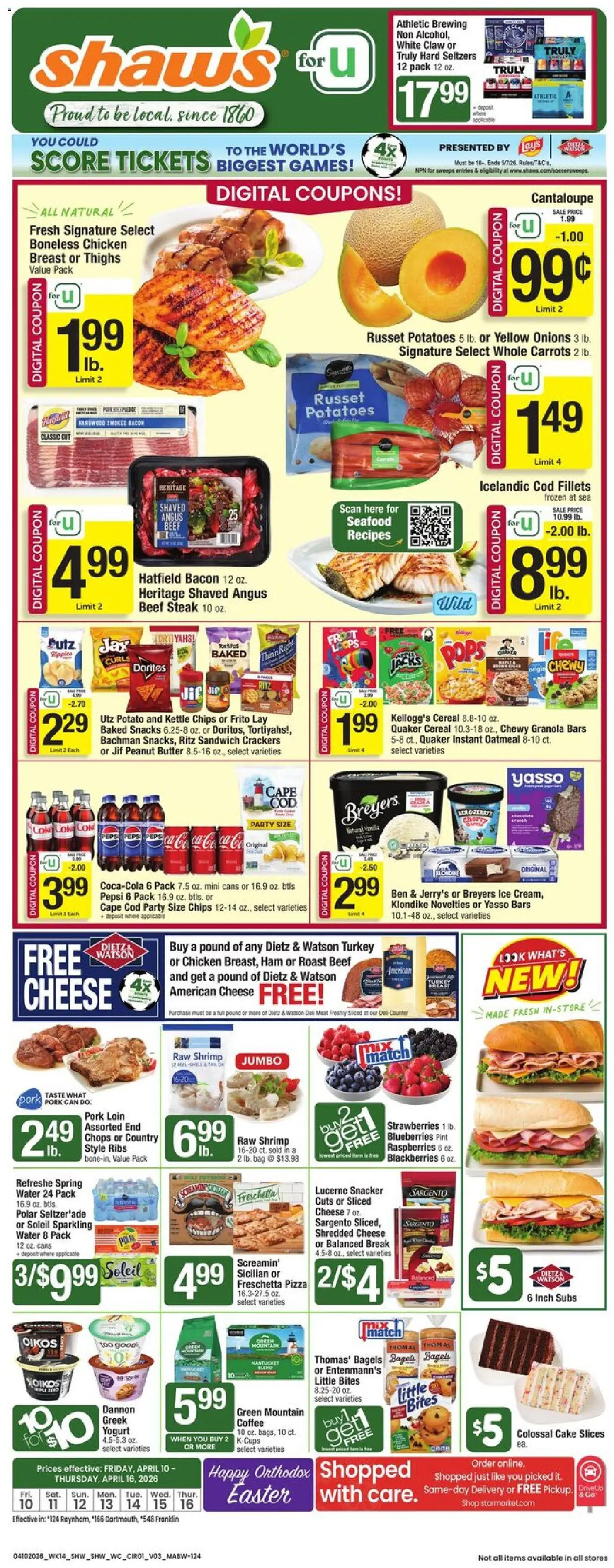 Ad Preview of Shaw's Shaw's Weekly Ad - MA from 04/10/2026 - Cake, Yogurt, Pepsi, Bacon, Carrots, Ham, Beef, Beef steak