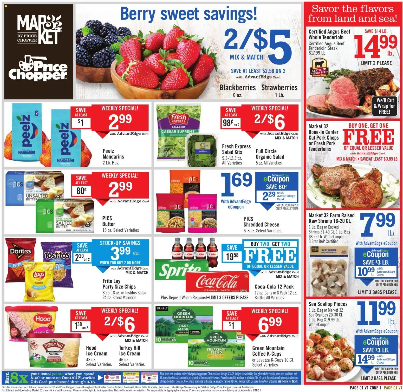 Ad Preview of Price Chopper Price Chopper Weekly Ad from 04/12/2026 - Coffee, Ice, Salad, Chips, Cheese, Mandarins, Pork, Cream