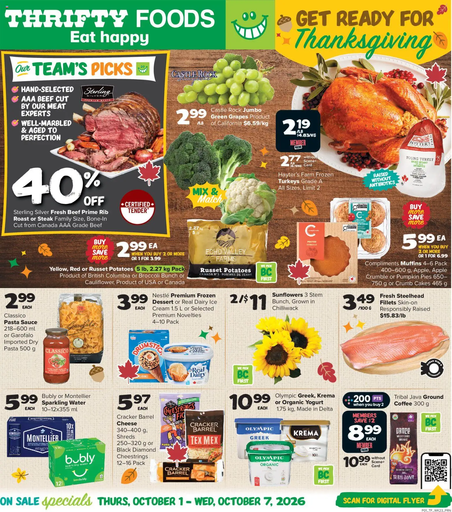 Preview of leaflet Thrifty Foods weekly flyer / circulaire from shop Thrifty Foods is valid from Oct 01, 2026 - Pasta, Steak, Water, Ice, Yogurt, Pumpkin, Muffins, Roast
