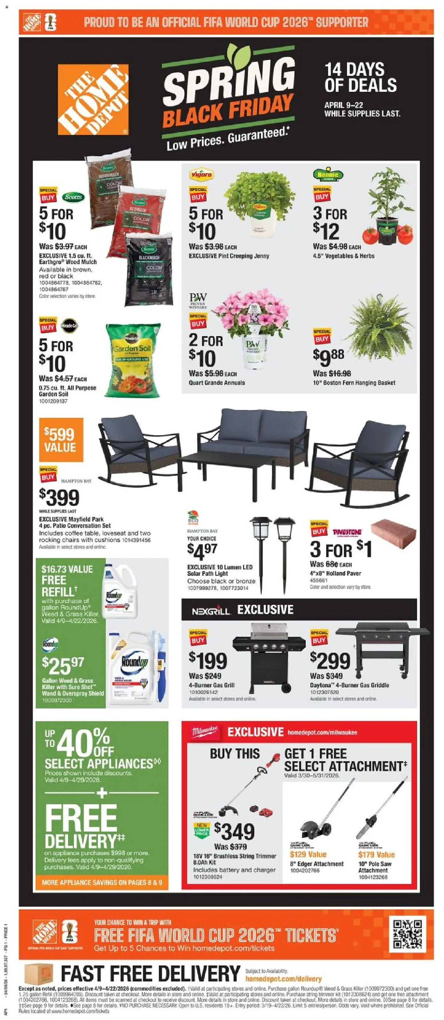 Ad Preview of Home Depot Home Depot Local Ad - GA from 04/09/2026 - Saw, Vegetables, Grill, Battery, Soil, Loveseat, Edger, Trimmer